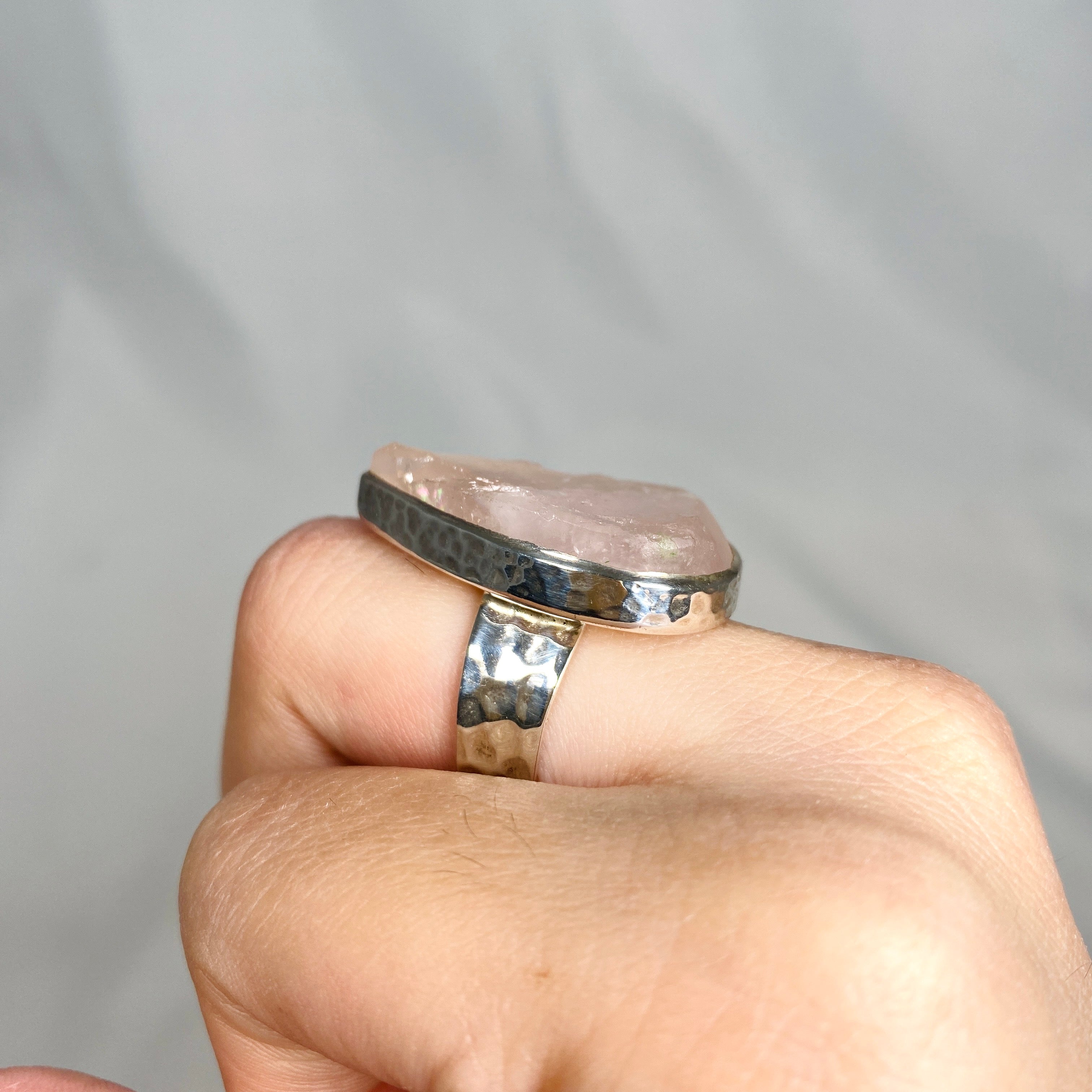 Rose Quartz Raw Teardrop Ring with Hammered Band - Size 9 (KRGJ1301) | Handmade Boho Jewelry for Women, Healing Crystal Gift for Meditation & Spiritual Wellness