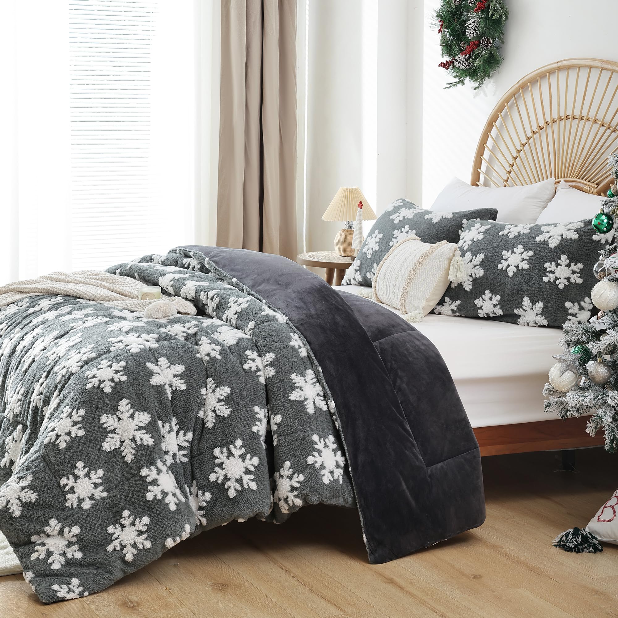 JANZAA Grey Velvet Christmas Comforter Set Queen - 3 Piece Soft Fluffy Bedding with White Snowflake Design for Holiday Decor & Cozy Winter Nights