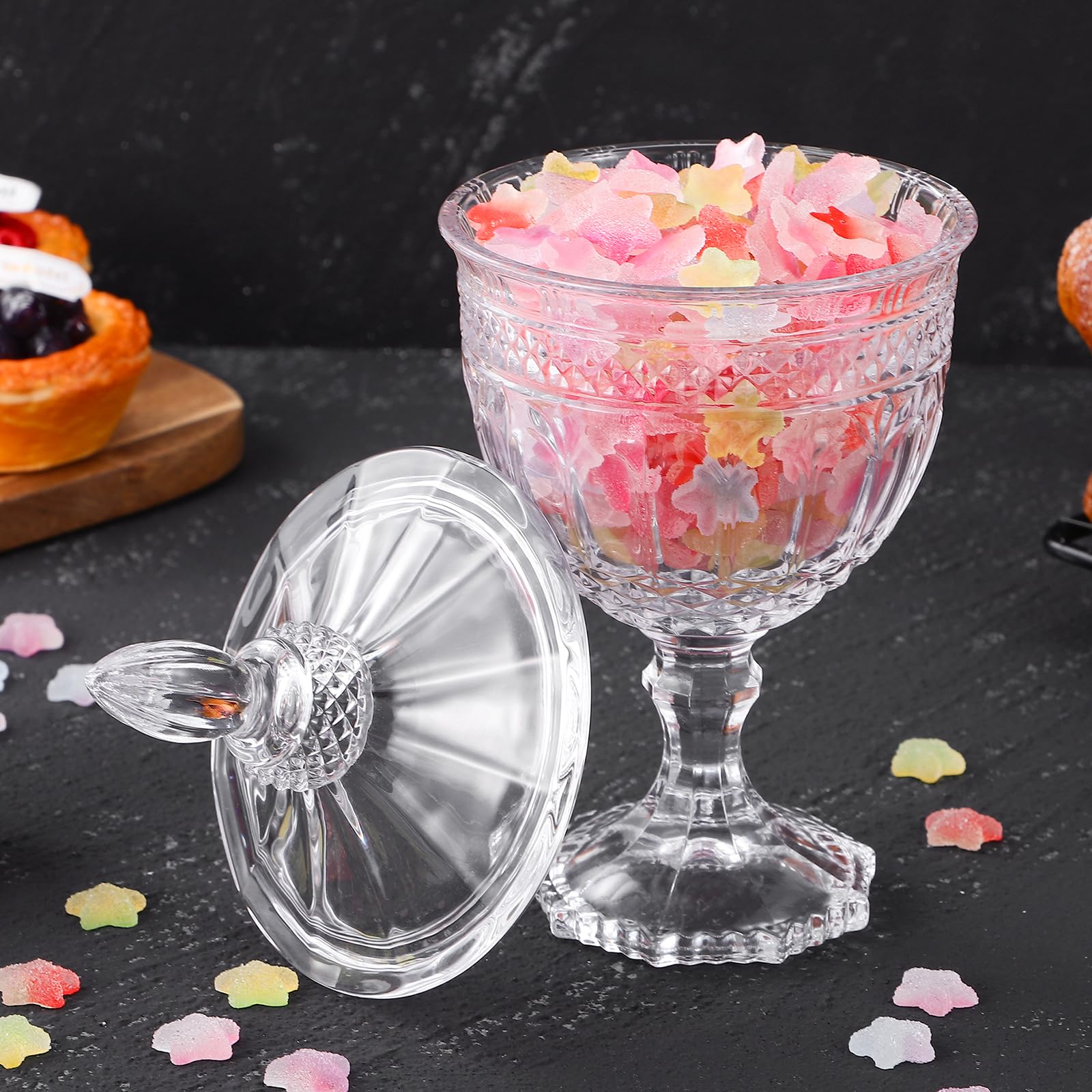 Clear Glass Candy Jars with Lids - 12 oz Crystal Candy Dishes for Wedding Buffet, Party, Home & Office Decor - Elegant Footed Candy Canisters for Displaying Sweets, Cookies & Treats