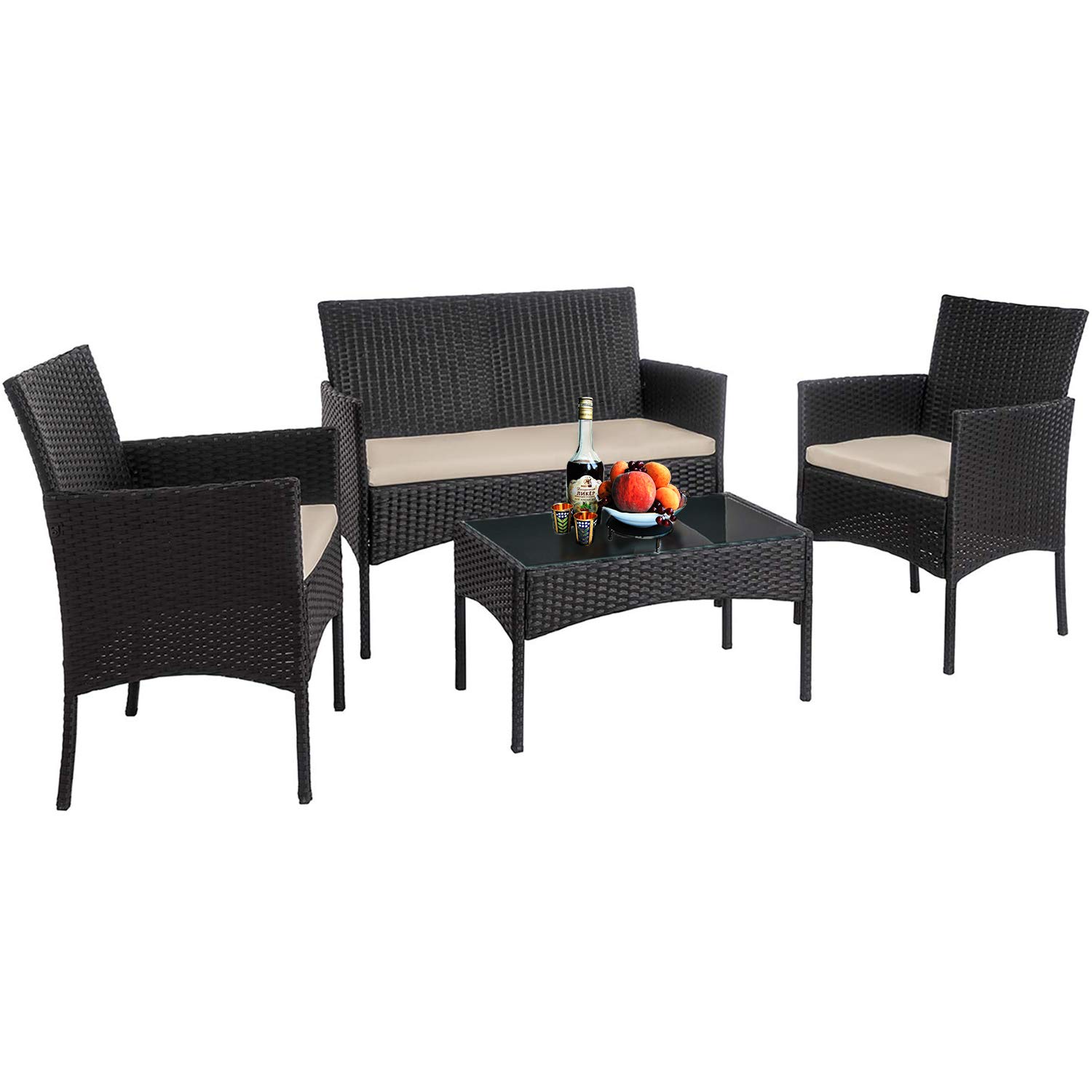 Outdoor 4-Piece Rattan Wicker Patio Furniture Set - Black Conversation Sofa & Coffee Table for Backyard, Garden, Poolside, Balcony or Porch | Weather-Resistant & Comfortable Seating