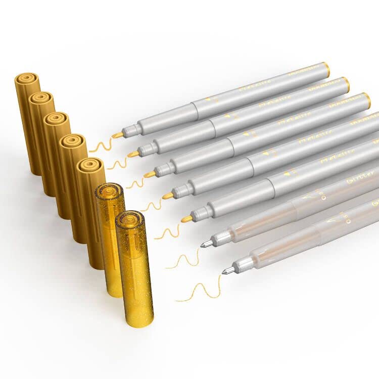 DOOHALO Gold Metallic Gel Glitter Pens - 8-Pack Variety Point Tips (0.8mm-2.5mm) for Cricut Maker 3, Maker, Explore 3, Air 2 & Air - Perfect for Drawing, Writing, Scrapbooking, Card Making & DIY Crafts