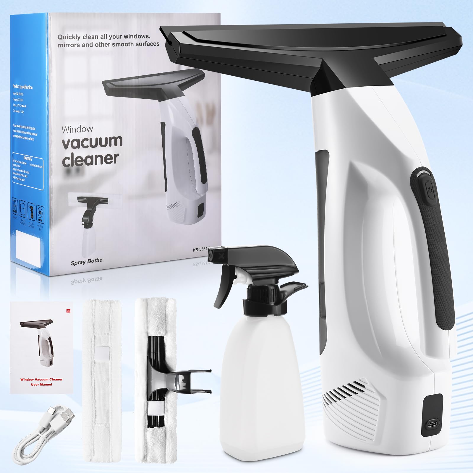 Cordless Window Vacuum Squeegee with Spray Bottle & Microfiber Cloth - Electric Handheld Cleaner for Windows, Mirrors, Tiles, Countertops & Car Windshields | Perfect for Home Cleaning, Auto Detailing & Glass Maintenance