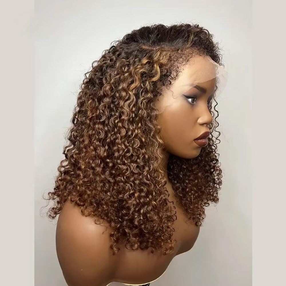 13x4 HD Lace Frontal Human Hair Wig - 4C Kinky Curly 180% Density Ombre Honey Blonde 10 Inch Deep Wave Glueless Wig with Pre-Plucked Baby Hair & Bleached Knots | Perfect for Protective Styling, Daily Wear & Special Occasions