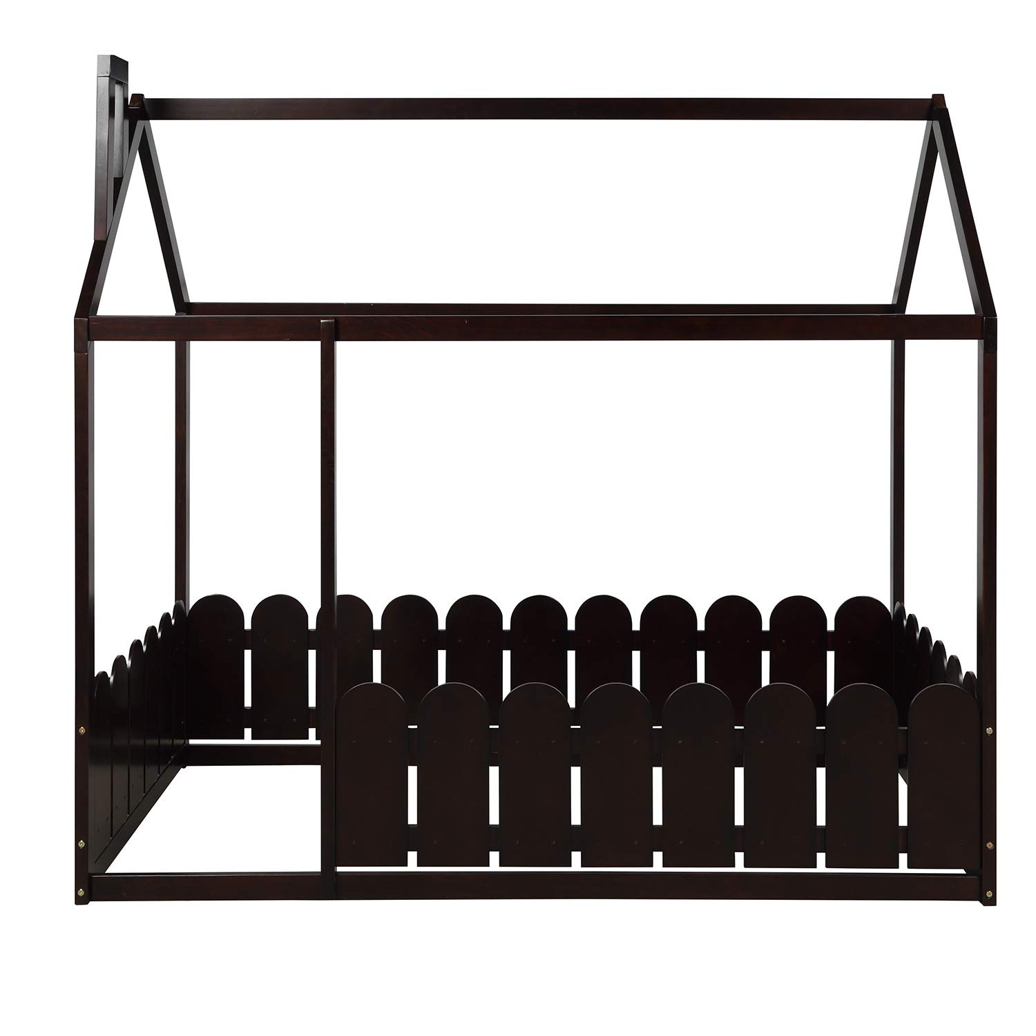 P PURLOVE Twin Size Wooden House Bed Frame - Montessori Floor Bed with Fence & Roof for Kids, Teens, Boys & Girls - Espresso Finish - Perfect for Playrooms, Bedrooms & Montessori Learning Spaces