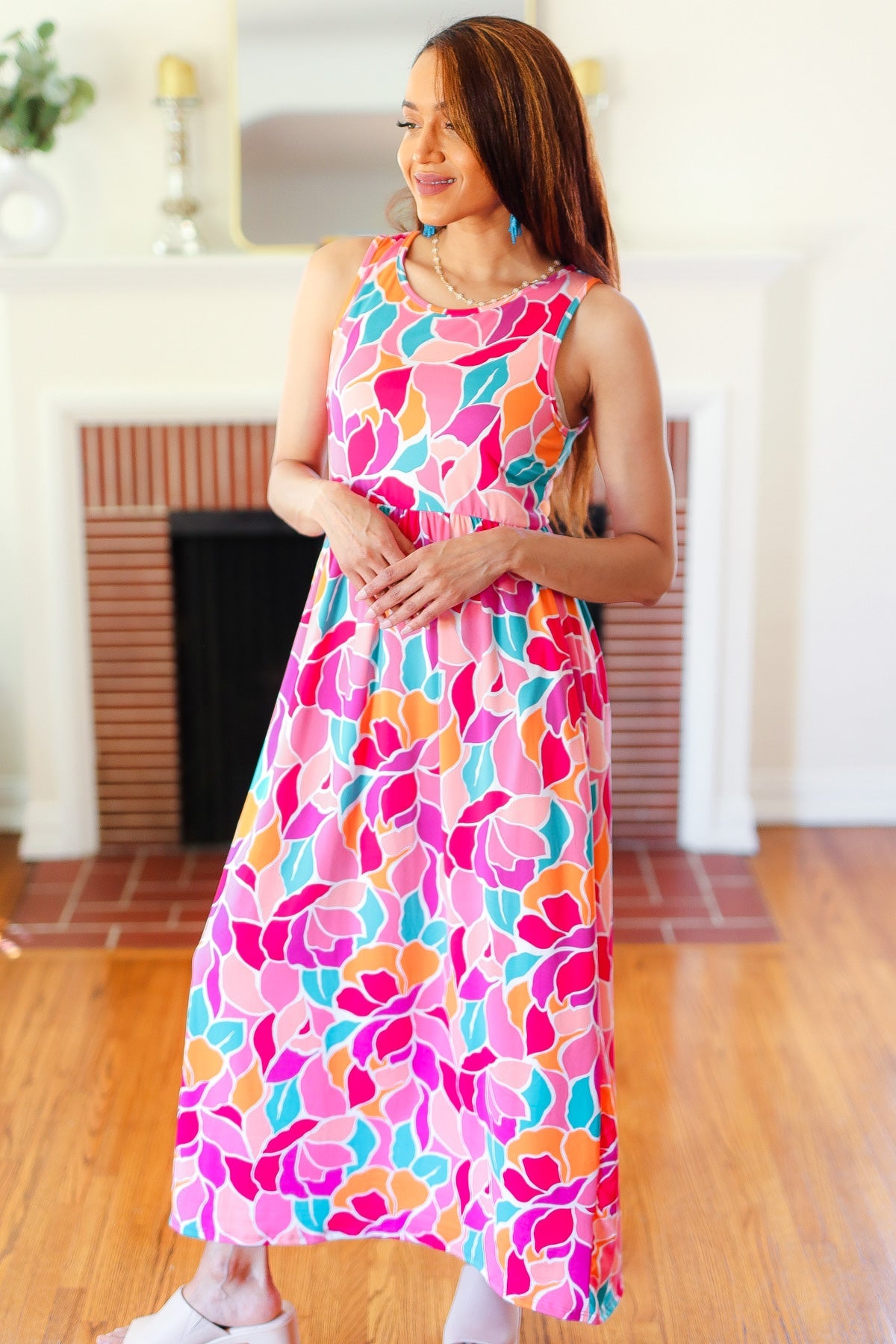 Elegant Fuchsia Abstract Floral Fit & Flare Maxi Dress for Women - Perfect for Summer Weddings, Beach Vacations & Special Occasions