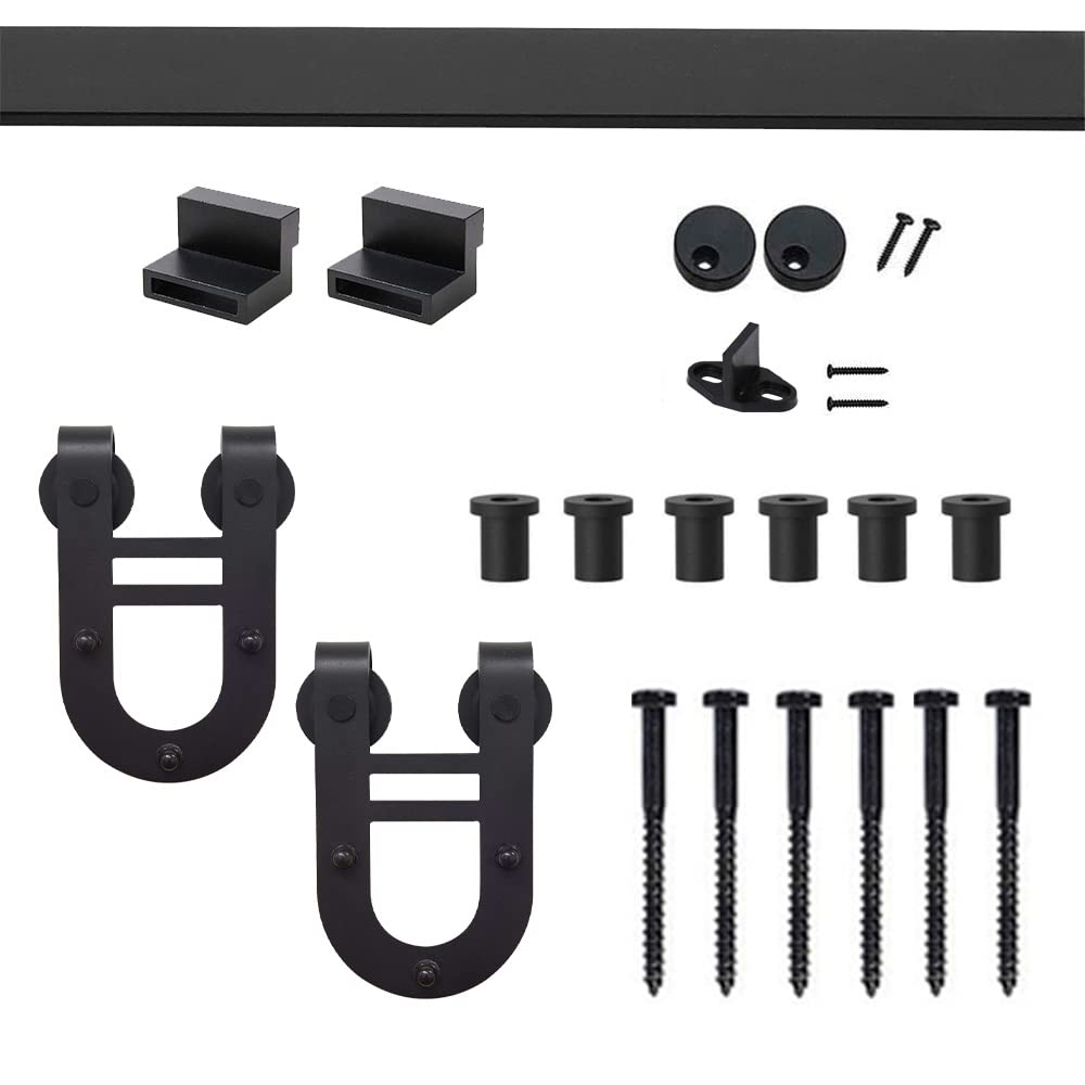 Shella 8FT Heavy Duty Sliding Barn Door Hardware Kit - Rustic Horseshoe Hanger Roller Track System for Single 42''-48'' Wide Doors (Black) | Perfect for Garage, Closet, Pantry & Farmhouse Style Interior Doors