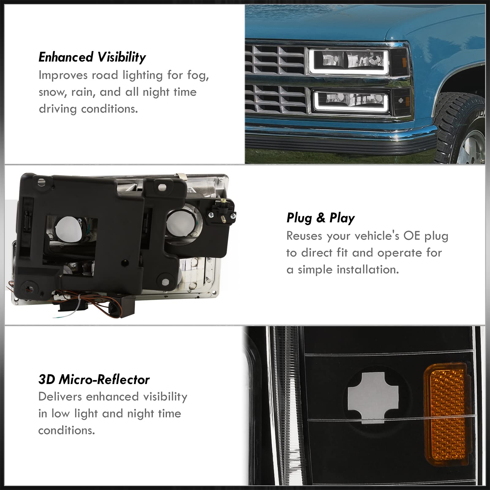 Black Amber LED DRL Driving Headlights + Corner Bumper Signal Lamps - Compatible with Chevy C10 C/K C1500 C2500 C3500 K1500 K2500 K3500 Blazer Silverado Suburban (1988-1993) | High Visibility Daytime Running Lights for Enhanced Safety & Style