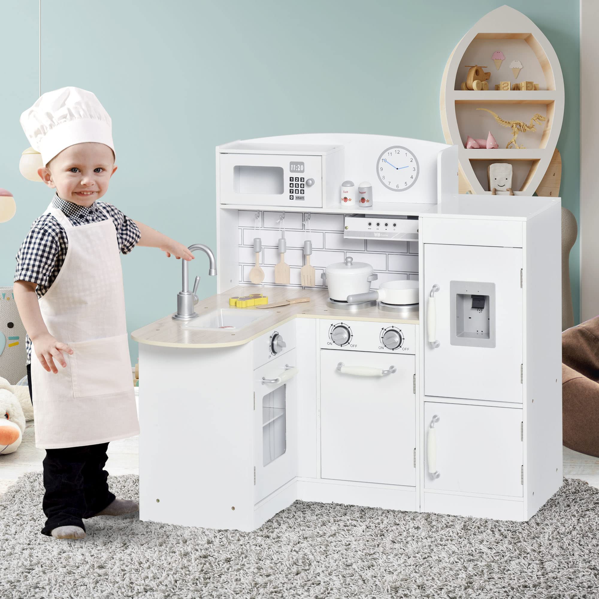 Qaba Corner Kids Wooden Pretend Kitchen Playset with Drinking Fountain, Microwave, Fridge & Accessories - Durable Toy Kitchen for Ages 3+ in White - Perfect for Home, Preschool & Playroom Pretend Play