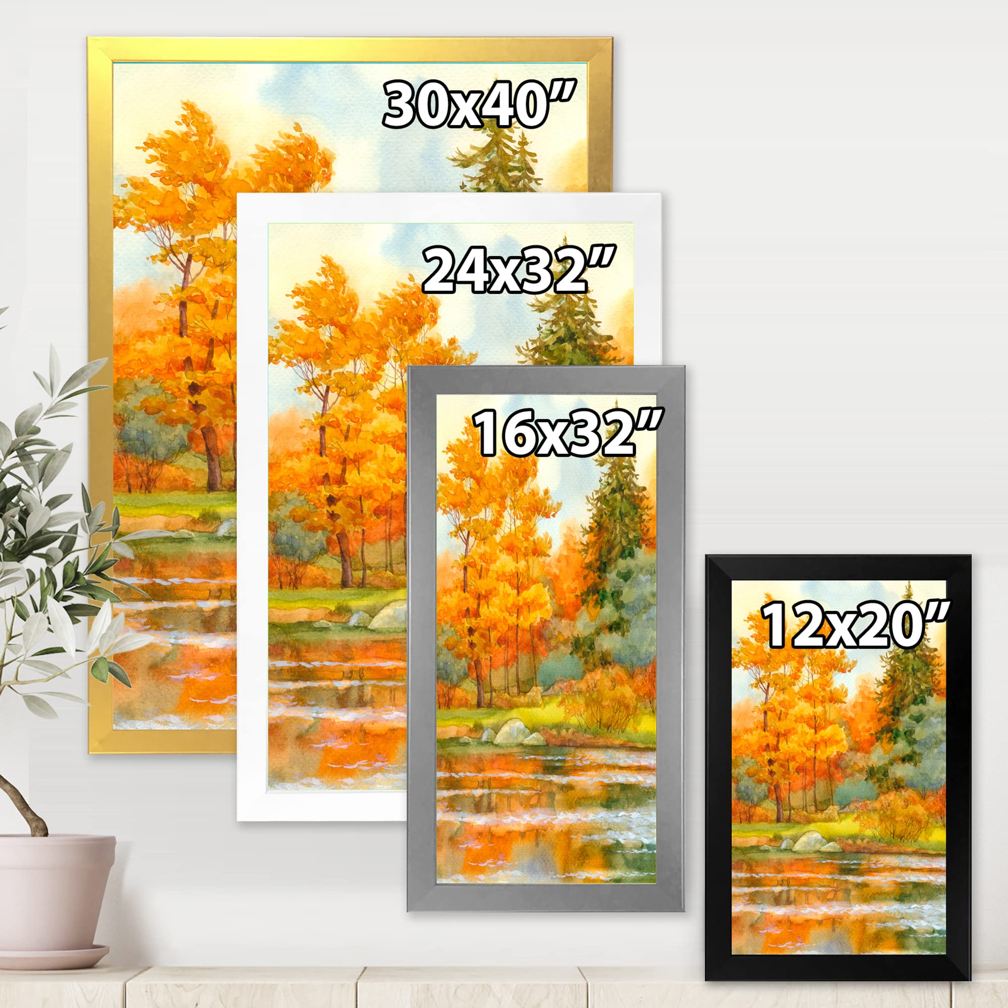 DesignQ Autumn Forest Lakeside Landscape Framed Wall Art - Perfect for Living Room, Bedroom & Office Decor