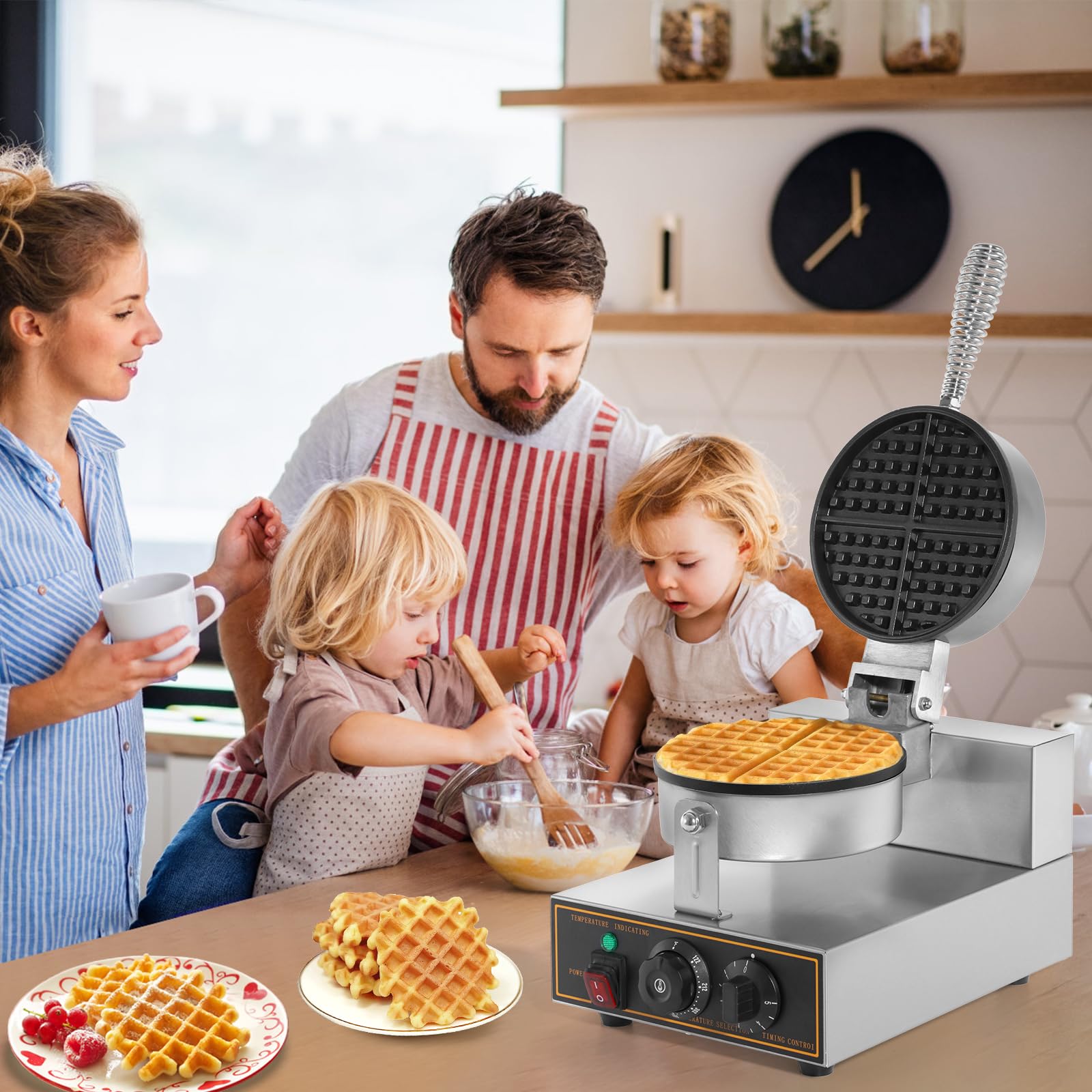 Dyna-Living Commercial Waffle Maker Machine 1200W - Round Stainless Steel Non-Stick Waffle Iron for Restaurants, Cafes & Breakfast Shops - Perfect for Belgian Waffles, Pancakes & Quick Breakfast Service (110V)