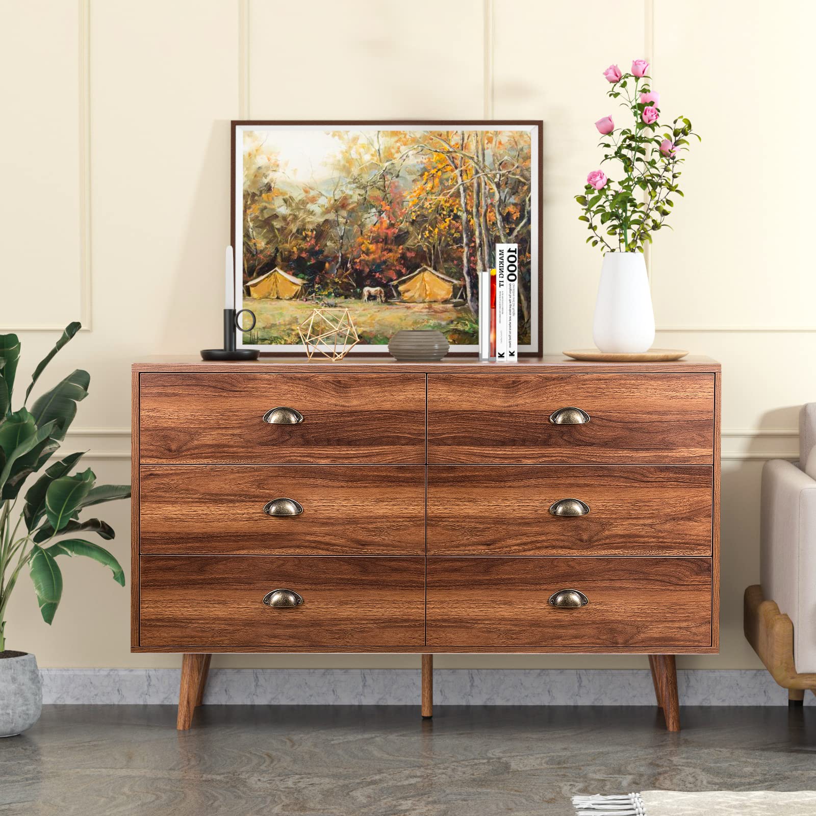 Mid Century Modern 6-Drawer Wooden Dresser with Metal Handles - Wide Storage Chest for Bedroom, Living Room, Hallway & Entryway - RESOM Solid Wood Dresser for Home Organization & Stylish Decor