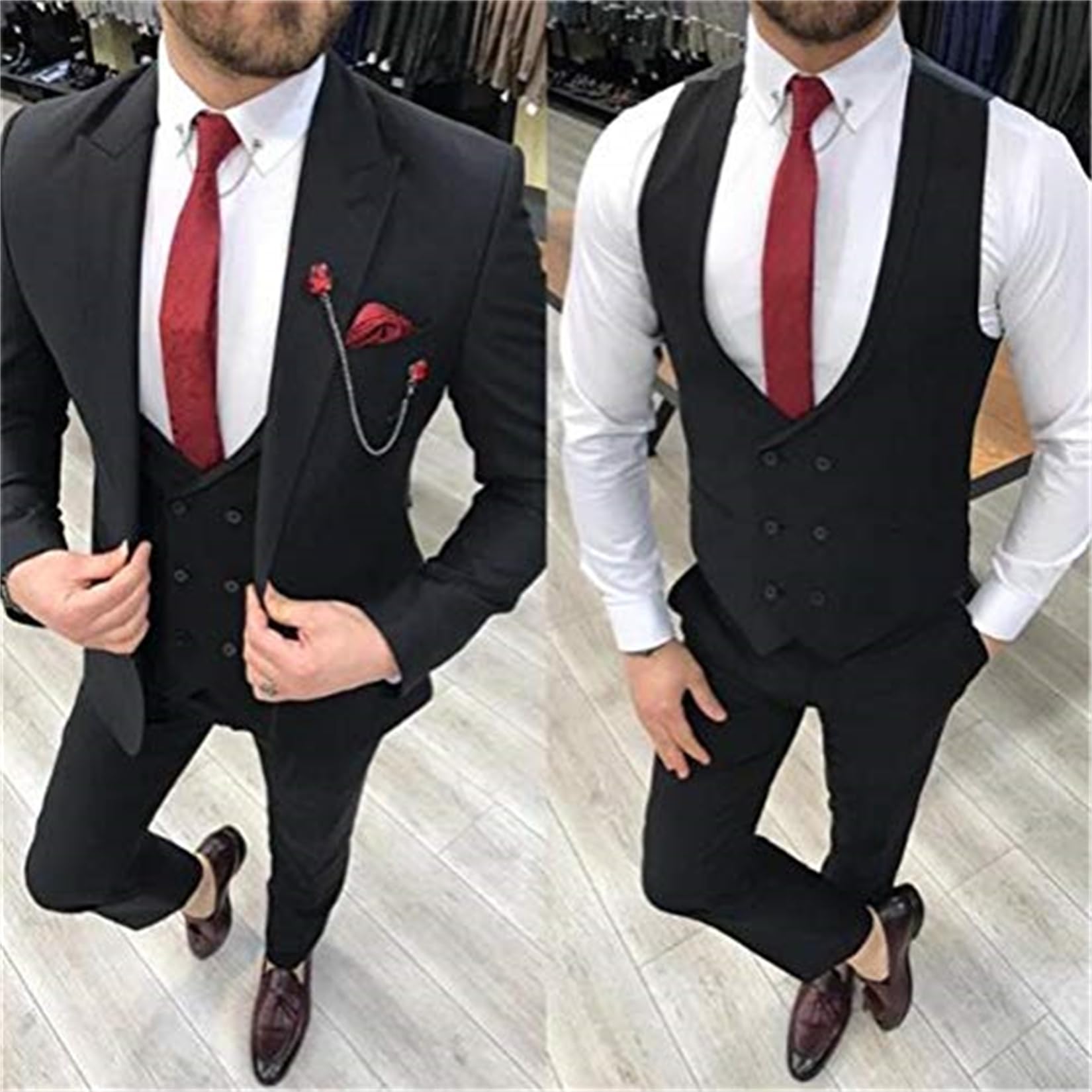 Double Breasted 3 Piece Men's Suit Set - Slim Fit Peak Lapel One Button Blazer with Vest & Pants | Formal Business Attire for Wedding, Office & Special Occasions