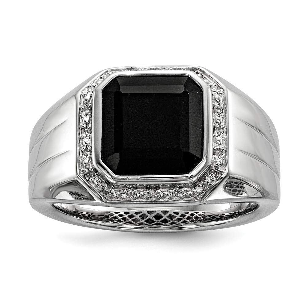 925 Sterling Silver Men's Ring with Diamond & Black Simulated Onyx - 14mm Wide Square Bezel Prong Setting - Size 9 10 11 - Perfect for Weddings, Anniversaries & Gifts for Him