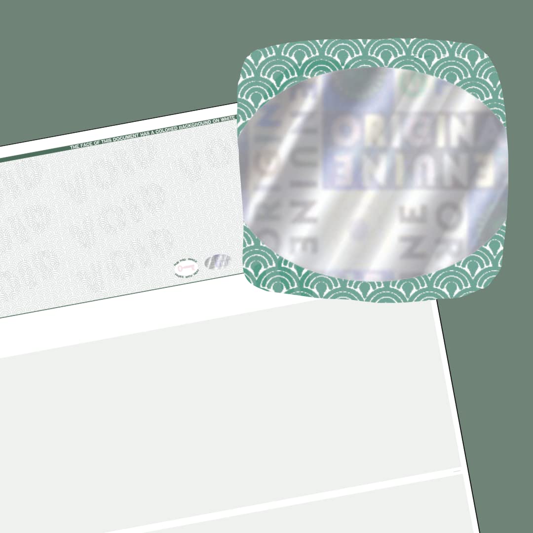 Blank Hologram Top Computer Checks - 500 Single Green Laser Checks with Perforated Vouchers | Secure Business Banking & Accounting for Small Offices