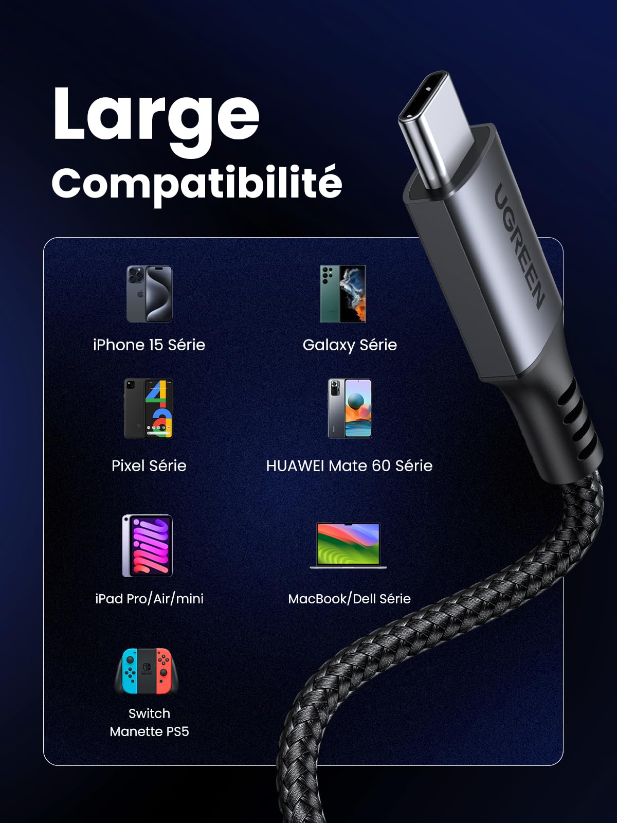 UGREEN USB C to USB C PD Cable 60W Fast Charging Nylon Braided - Compatible with iPhone 16/15 Pro Max, Galaxy S24/S23 Ultra, Pixel 9/8 Pro, iPad Pro/Air, MacBook Pro & PS5 Controller (1M/3.3ft) - Perfect for Home, Office & Travel Charging