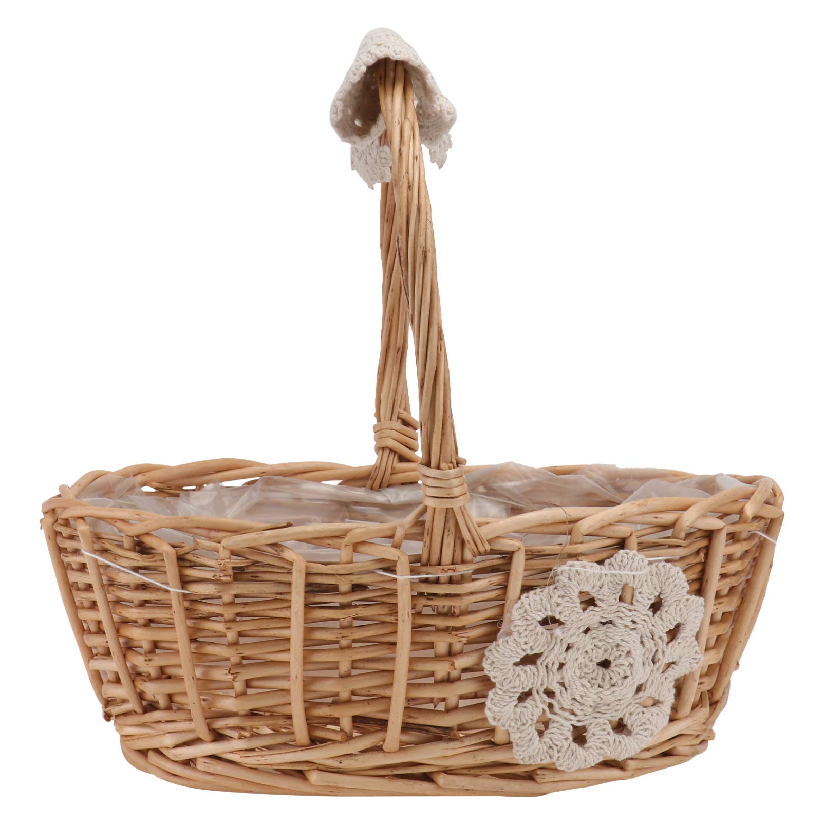 YARDWE Woven Rattan Flower Girl Basket with Lace Trim - Elegant Wedding Bridal Ceremony Party Decoration for Flower Girls & Brides (Perfect for Aisle Walks, Photo Props & Reception Decor)