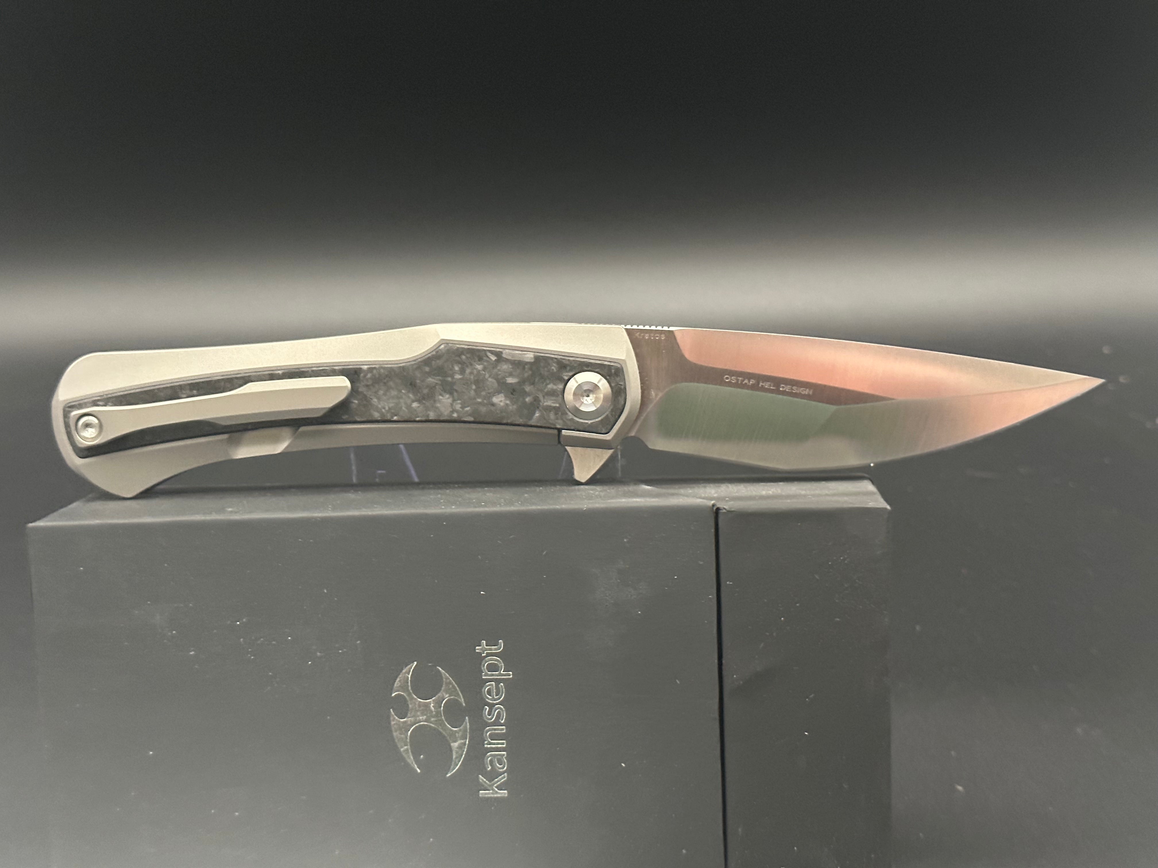 Kansept Ostap Hel Kratos Folding Knife - Silver Titanium Handle & Carbon Fiber Blade - EDC, Outdoor, Camping, Survival Gear