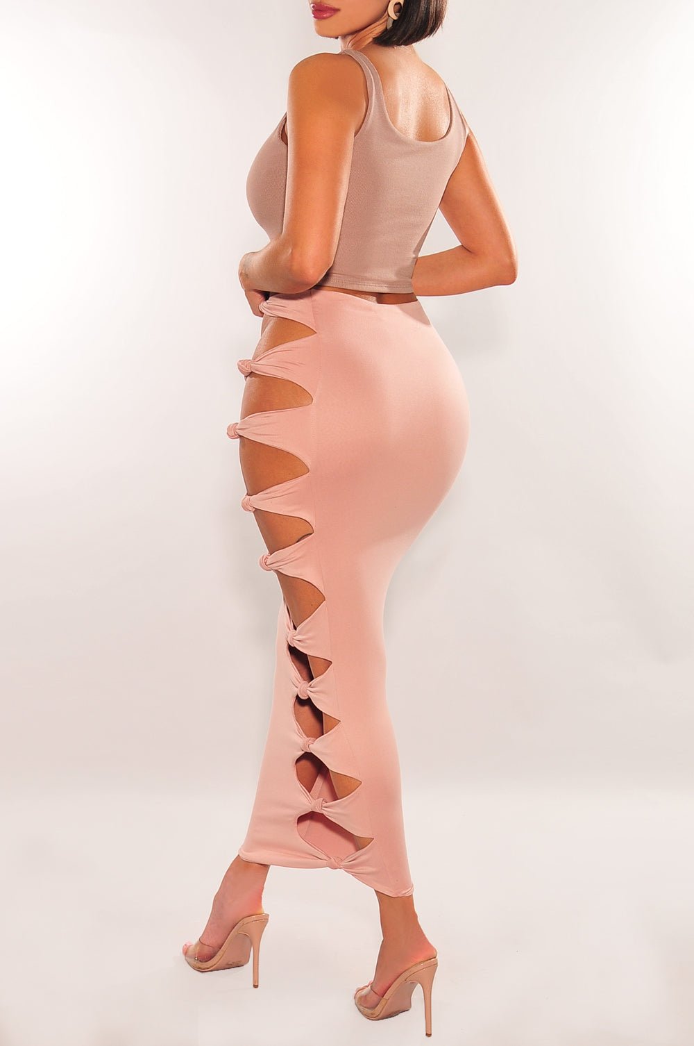 Sexy High Waist Blush Pink Bodycon Skirt with Cut Out & Knot Detail - Perfect for Date Night, Club Wear & Summer Outfits