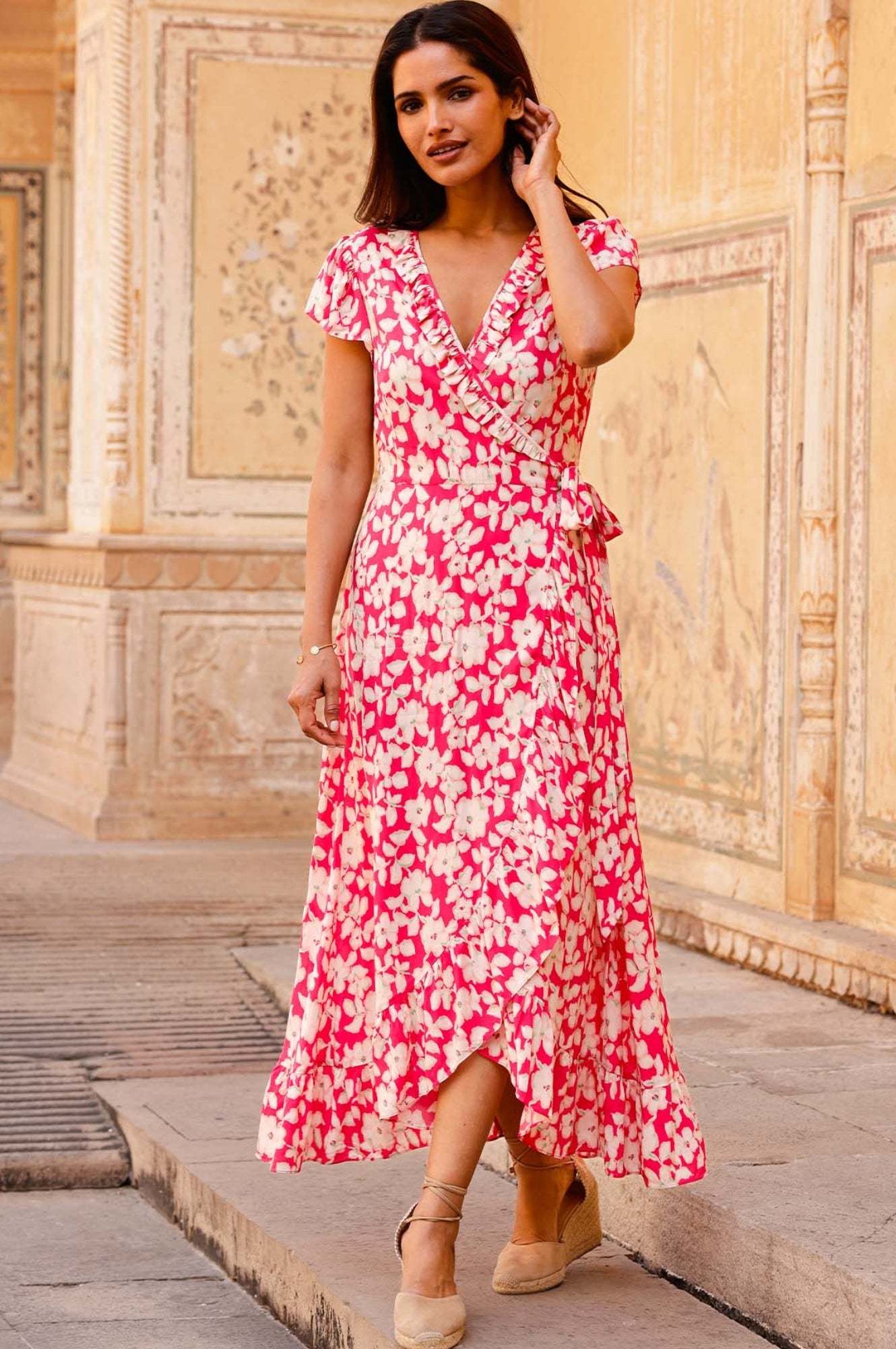 Demi EcoVero™ Wrap Dress - Sustainable Viscose Blossom Pink & Cream Floral Print | Women's Summer Casual Dress for Beach, Wedding & Office Wear