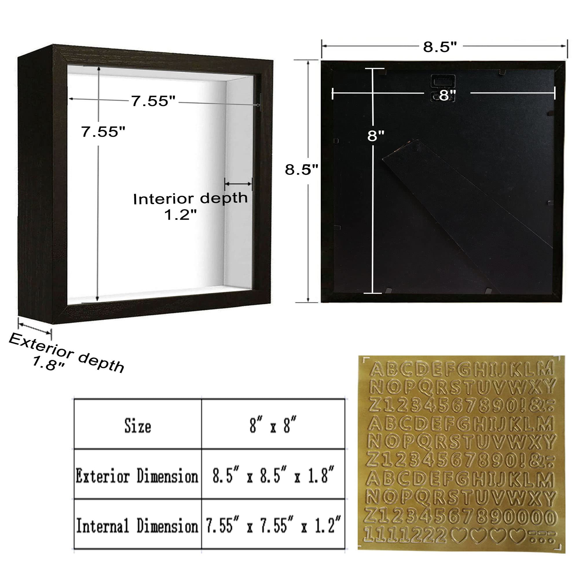 8x8 Inch Black Shadow Box Frame Display Case (2 Pack) with Letter Stickers - Perfect for Memorabilia, Baby Keepsakes, Wedding Decor, DIY Crafts, Ticket Display & Photo Collage - Home Decor & Gift Idea