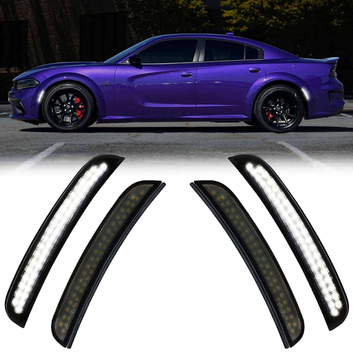 2015-2023 Dodge Charger LED Side Marker Lights - Smoked Lens Front & Rear Fender Light Kit with White Parking Lamp | Compatible with Charger SXT, Scat Pack & SRT Hellcat | 4-Piece Set for Enhanced Visibility & Style