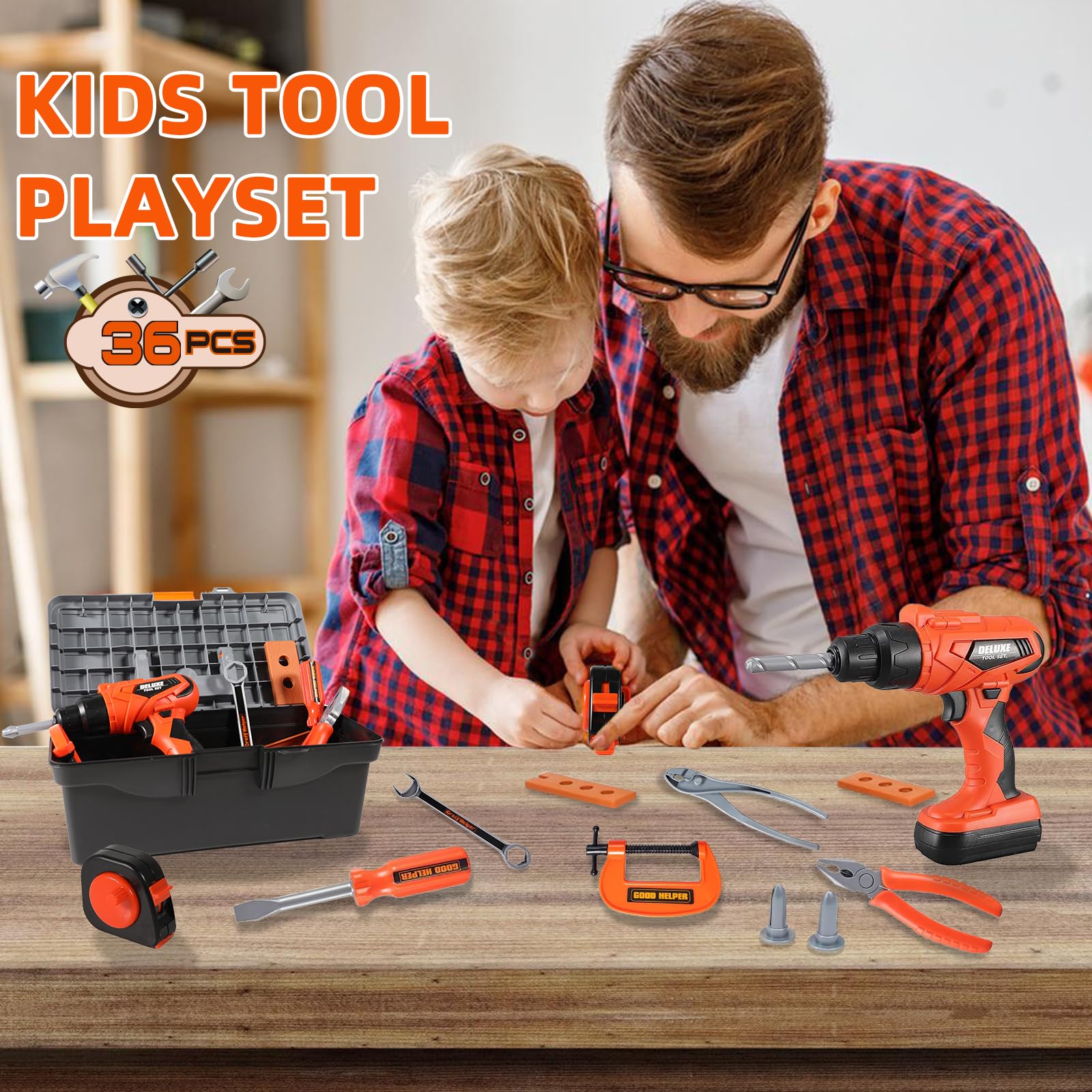 35-Piece Kids Tool Set with Toolbox & Electronic Toy Drill - Pretend Play Construction Toys for Toddlers & Boys Ages 3-8 - Perfect for DIY Projects, Role Play & Early STEM Learning