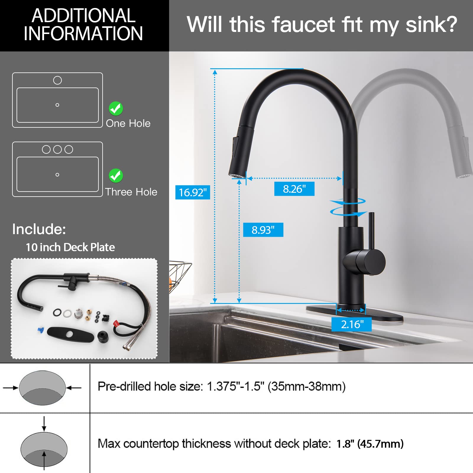 Modern Stainless Steel Kitchen Sink Faucet with Pull Down Sprayer - Matte Black Single Handle 3 Hole Deck Plate Faucet for Home, Restaurant & Commercial Use