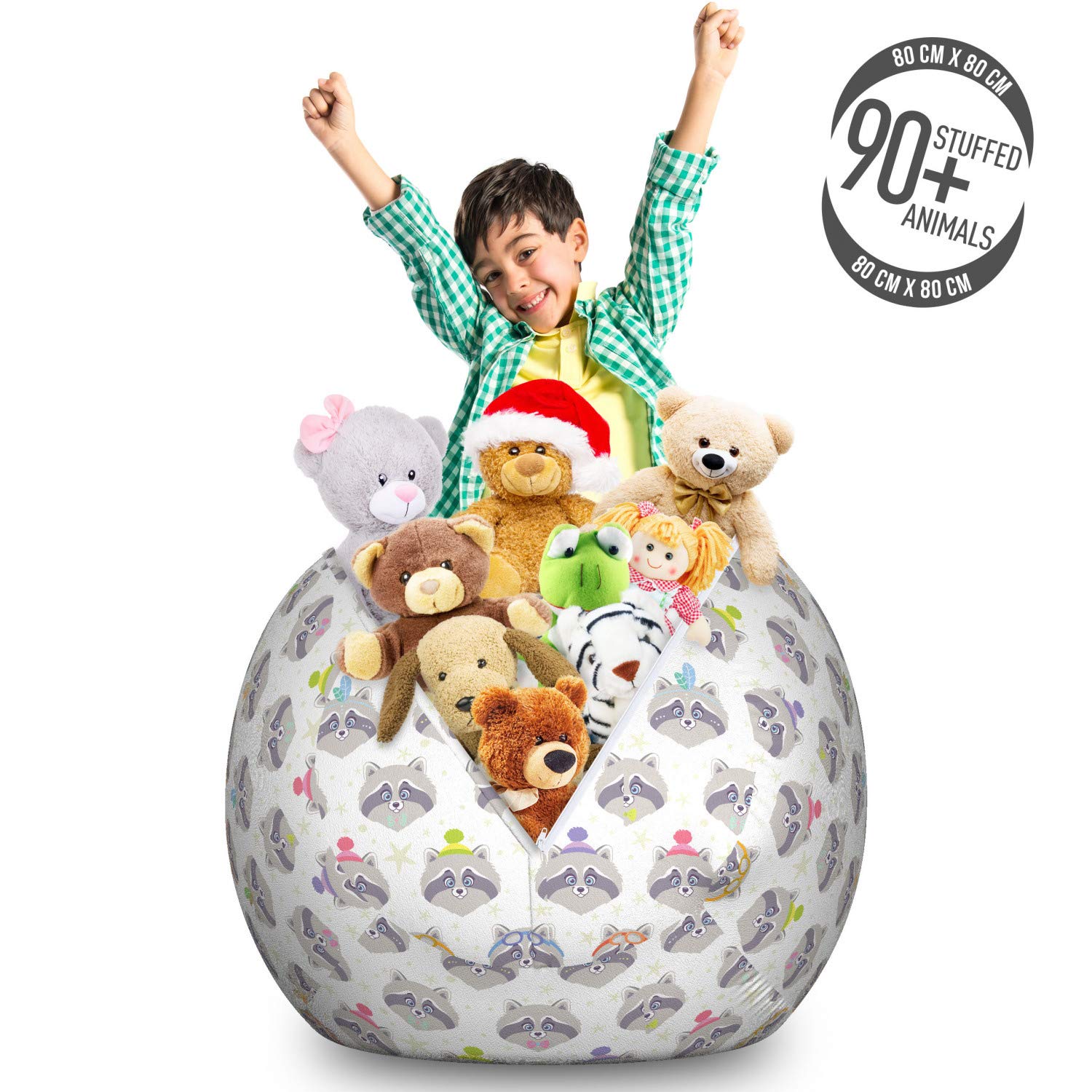 Ambesonne Cartoon Toy Storage Bag Chair - Funny Raccoon Design with Glasses, Feathers & Bowties - Large Washable Stuffed Animal Organizer for Kids Room, Playroom & Nursery - Multicolor