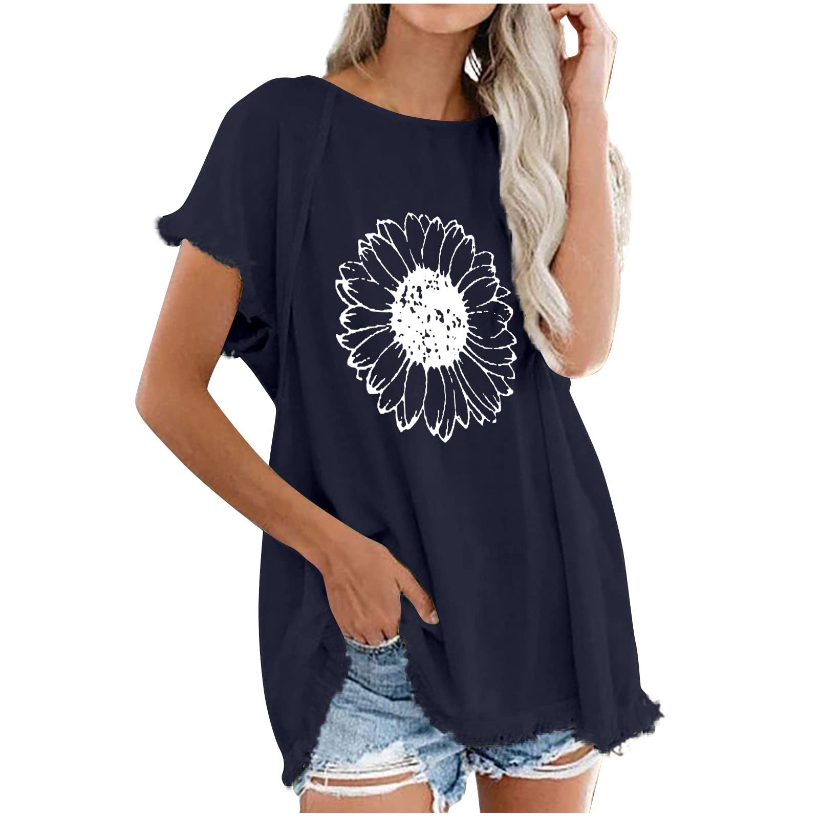 Trendy 2022 Women's Casual Tops - Summer Short Sleeve Crewneck Blouse with Tassel & Graphic Print | Perfect for Office Wear, Date Nights & Weekend Outfits
