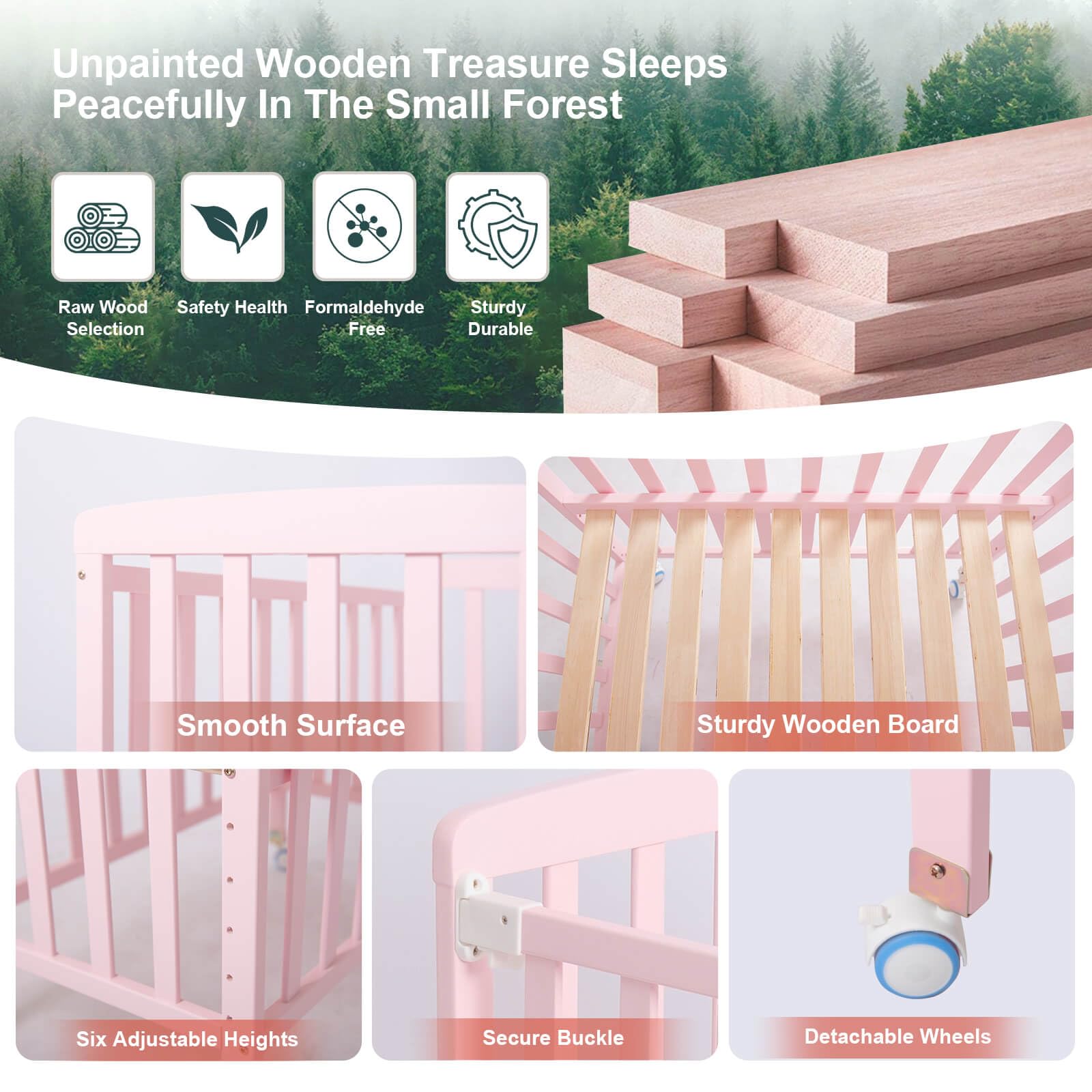 Portable Pine Wood Baby Bassinet Bedside Sleeper - Adjustable 6 Height Crib with Mattress for Newborns 0-12 Months, Space-Saving Nursery Bed for Girls (Pink) - Perfect for Co-Sleeping, Nursery Rooms & Small Spaces