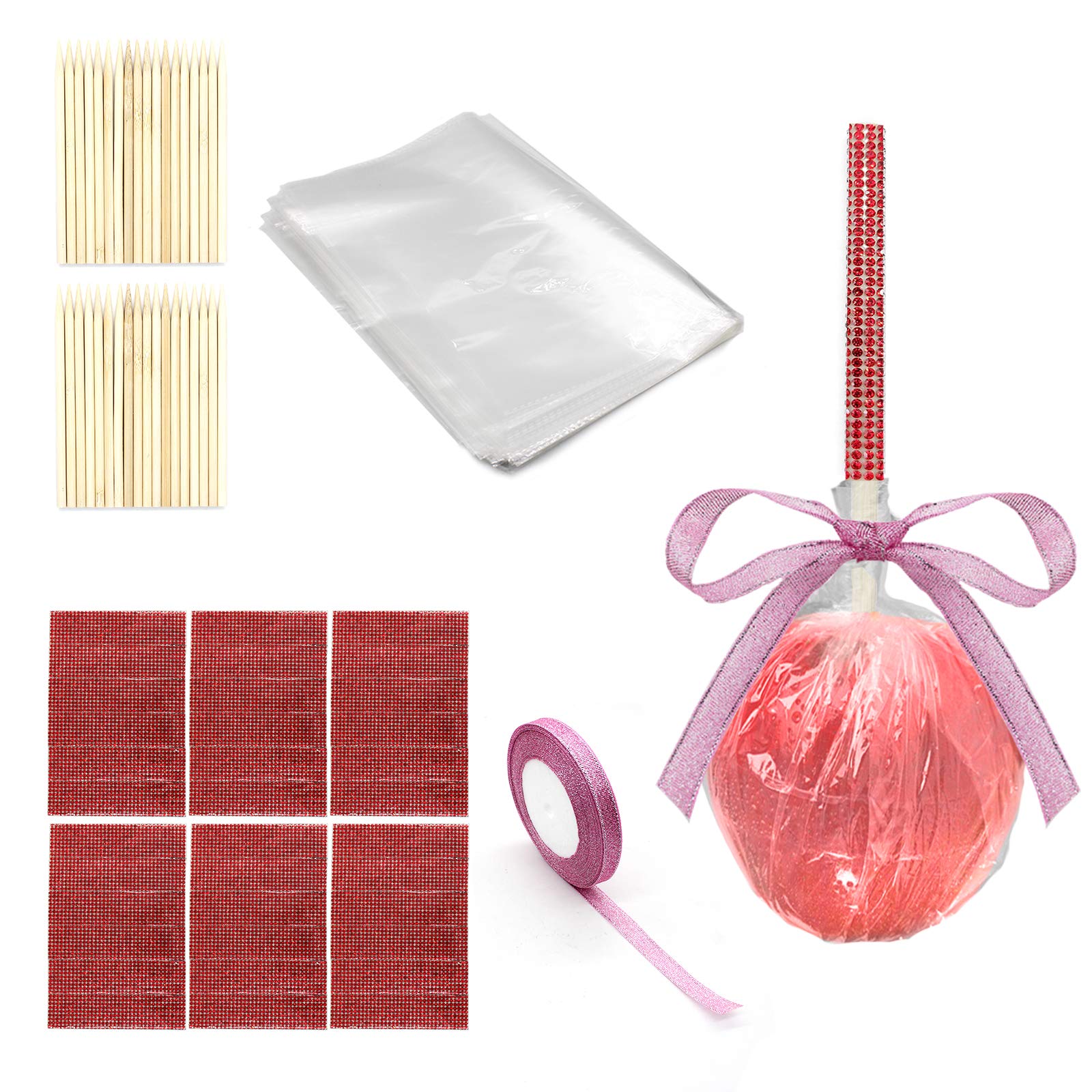 36-Piece Candy Apple Skewer Sticks Kit with Rhinestone Stickers, Glass Paper & Glitter Ribbon - DIY Candy Apple Making Supplies for Parties, Weddings & Halloween (Red)