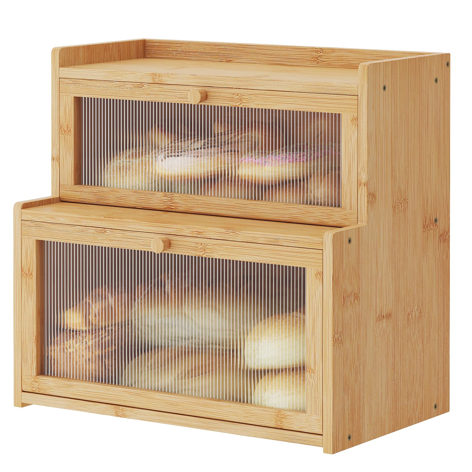 Double Layer Bamboo Bread Box with Window - Natural Wood Bread Storage Container for Kitchen Countertop | Perfect for Storing Baguettes, Sourdough, and Artisan Breads | Keep Bread Fresh on Counter or Pantry
