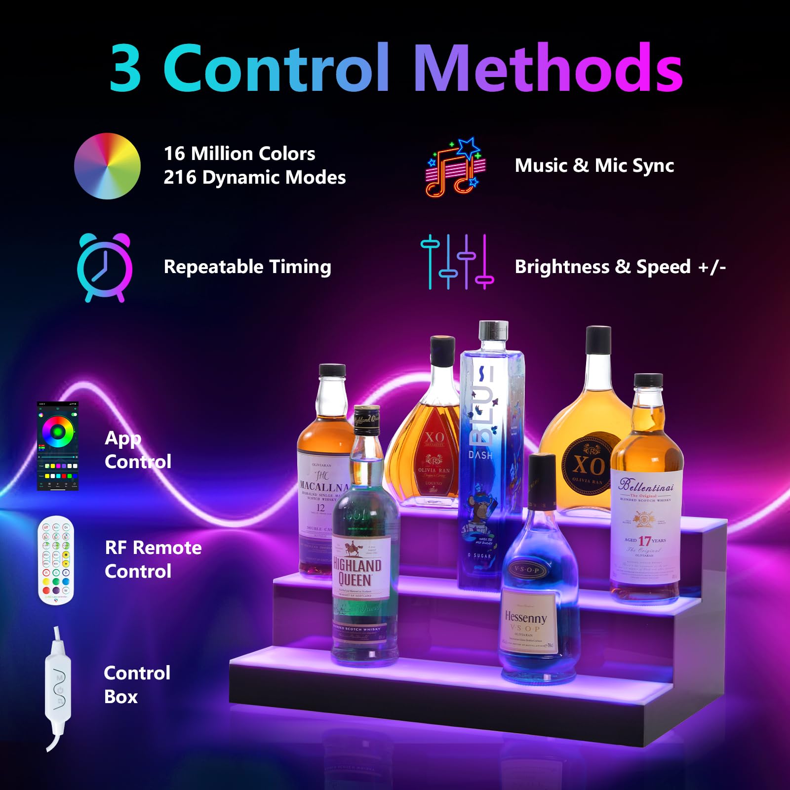 3-Tier LED Illuminated Whiskey Bottle Display Shelf - 20 Inch Acrylic Bar Stand with USB, RF Remote & App Control - Holds 18 Bottles for Home Bar, Party Decor & Restaurant Display