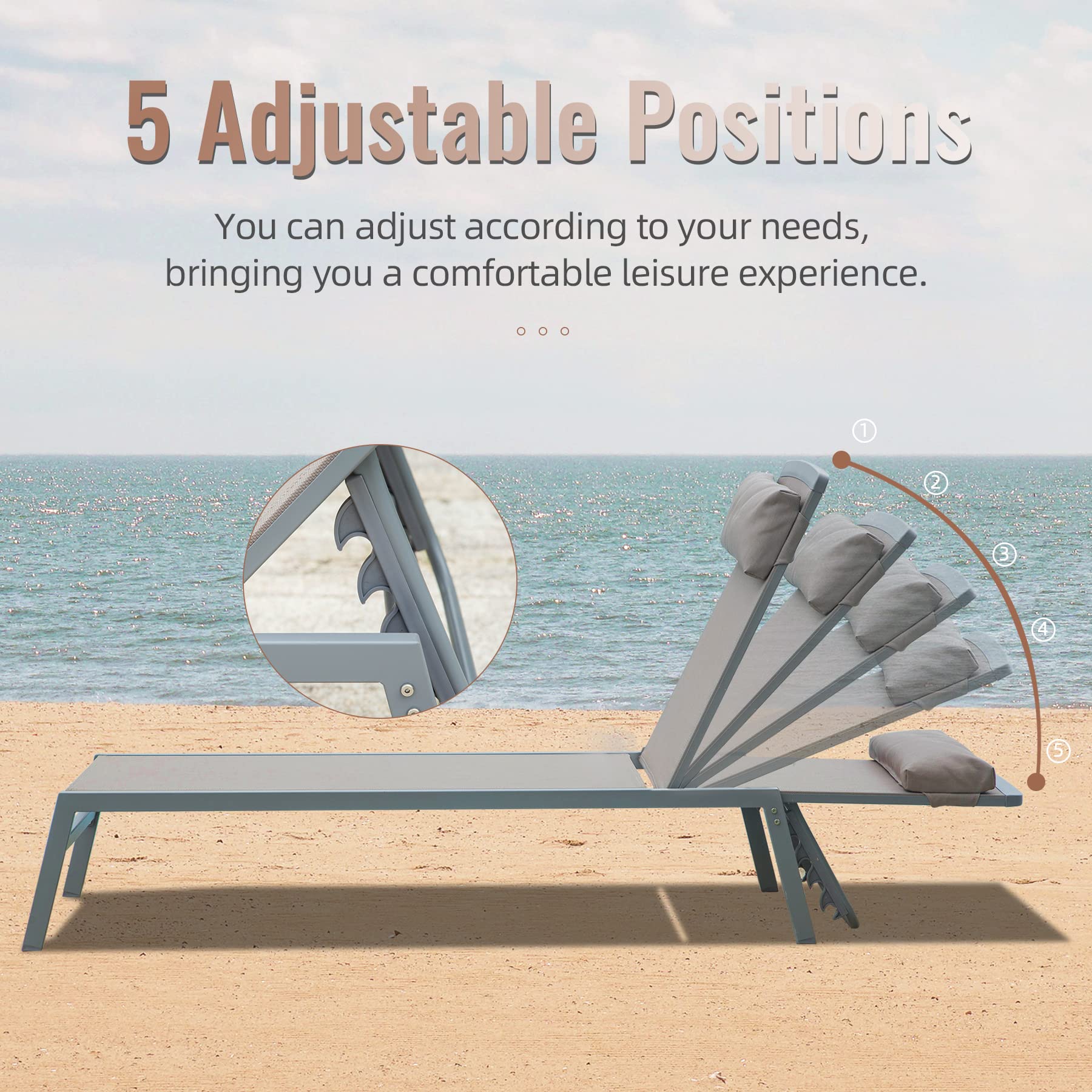 Domi Patio Chaise Lounge Set of 3 - Adjustable Aluminum Outdoor Lounge Chairs with 5 Positions for Poolside, Deck, Garden & Backyard - Perfect for Sunbathing & Relaxing - Khaki Color
