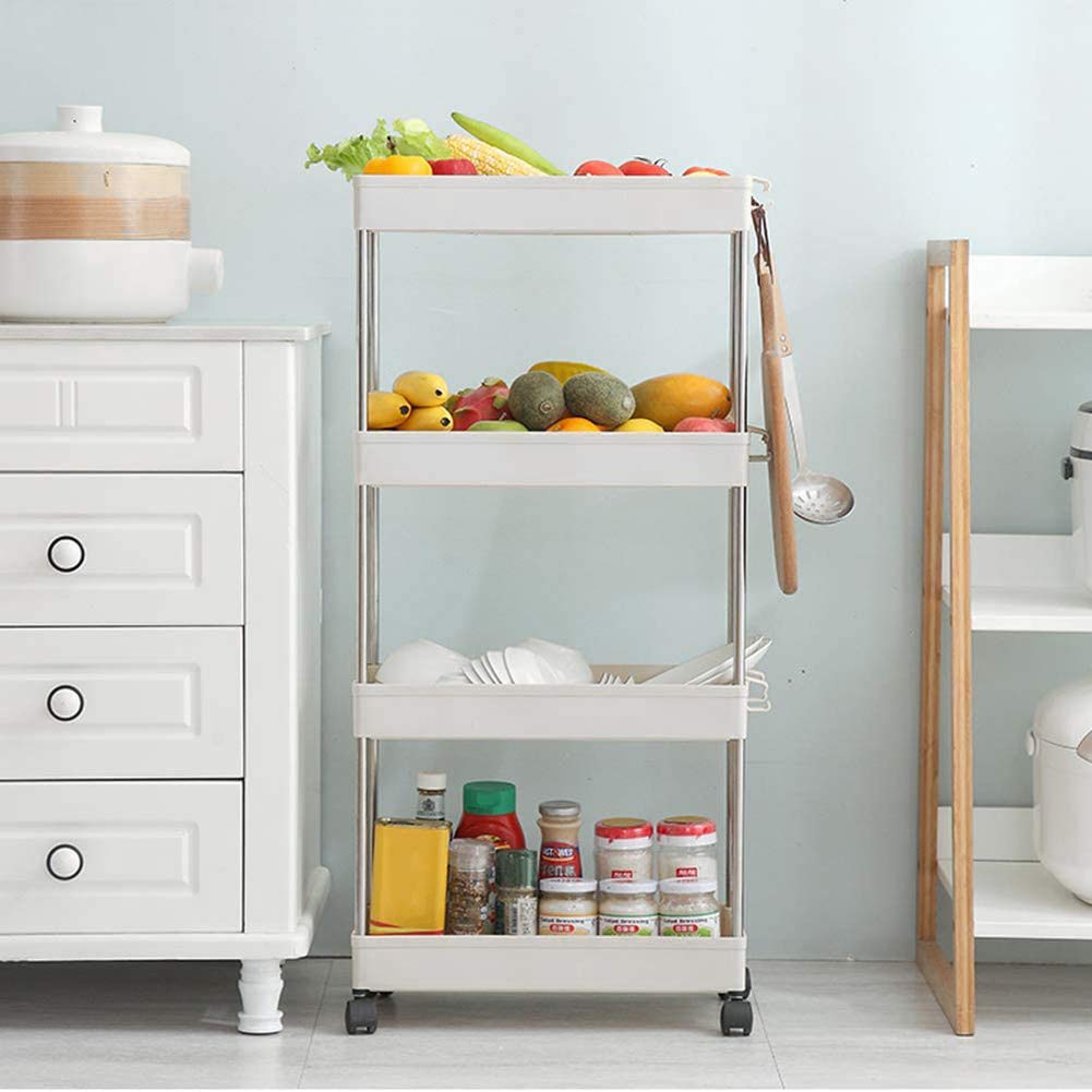 4-Tier Narrow Sliding Storage Organizer Rack - Space-Saving Rolling Cart for Laundry, Bathroom & Kitchen Organization (White) | Perfect for Small Spaces, Closet Storage & Home Organization