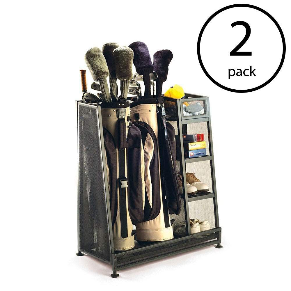 Suncast 2-Pack Garage Golf Bag Shelf Organizer with Adjustable Leveling Feet & 5-Inch Storage Bin - Perfect for Golf Clubs, Balls & Accessories - Ideal for Garage, Basement & Home Organization