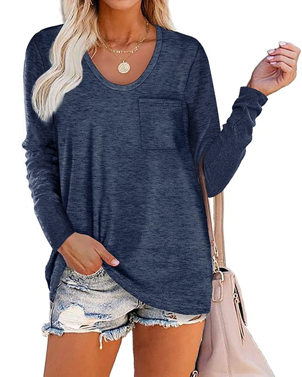 Women's Long Sleeve Scoop Neck Blouse with Pocket - Soft White Fall Tops for Women - Perfect for Office Wear, Casual Outfits & Autumn Layering