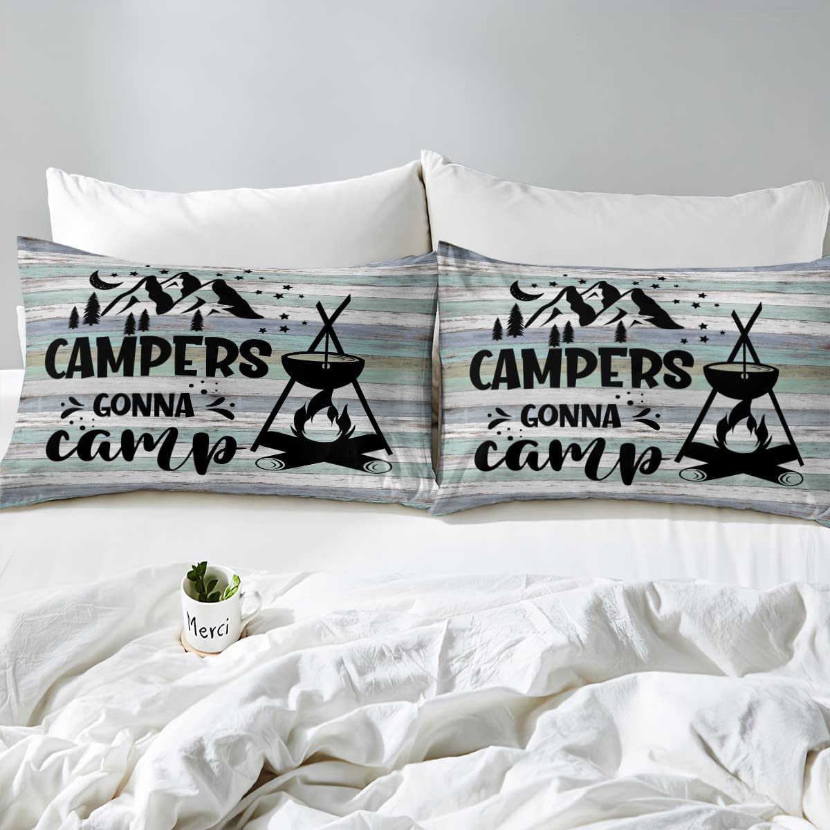 Erosebridal Happy Camping Comforter Set for Teens - Twin Size Camper Bedding with Sketch Drawing Design, Rustic Farmhouse Quilted Duvet Cover (2Pcs) - Perfect for Kids & Teens Bedroom Decor, Camping Themed Room Makeover