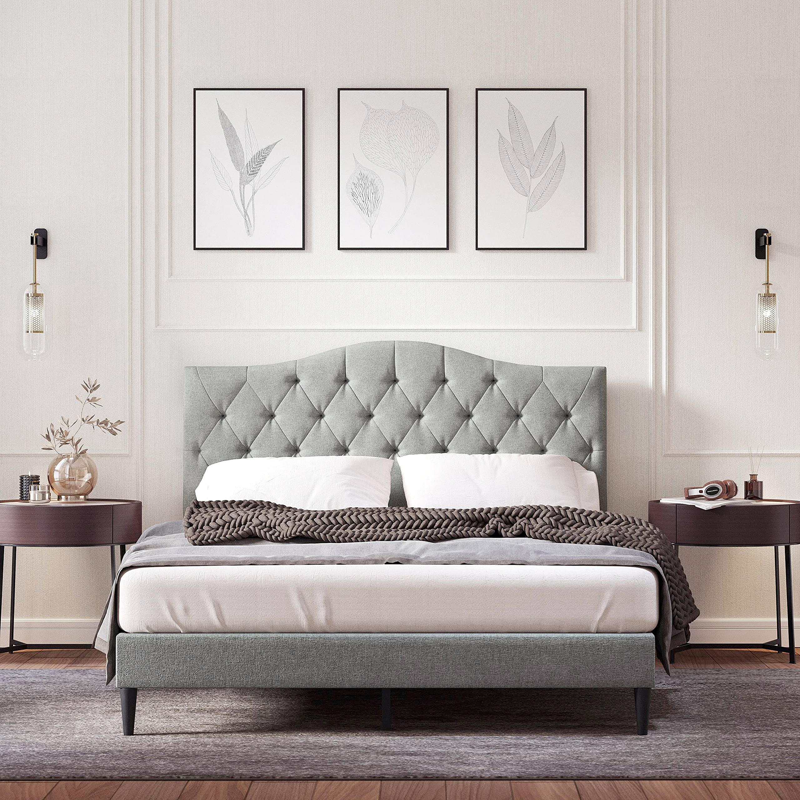 OROS Upholstered Queen Platform Bed Frame with Wood Slat Support - Tufted Camelback Design, No Box Spring Needed, Easy Assembly in Stone Color | Modern Bedroom Furniture for Master Suite, Guest Room & Apartment