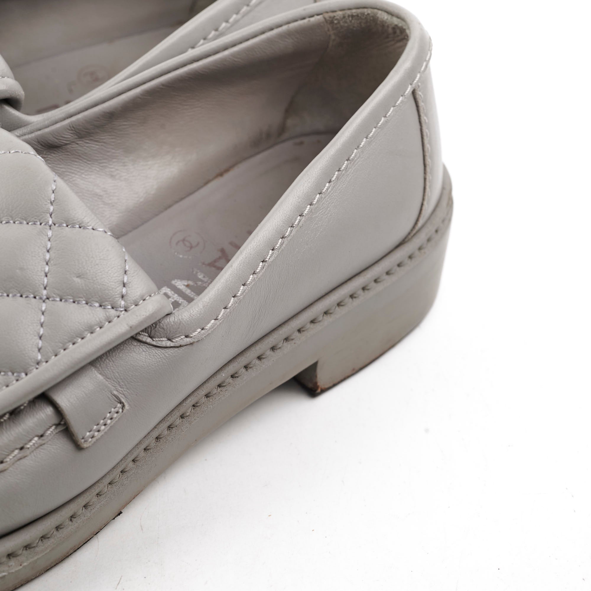 Chanel Quilted Grey Leather Loafers Women's Size 36.5 - Luxury Comfortable Slip-On Shoes for Office, Travel & Casual Outings