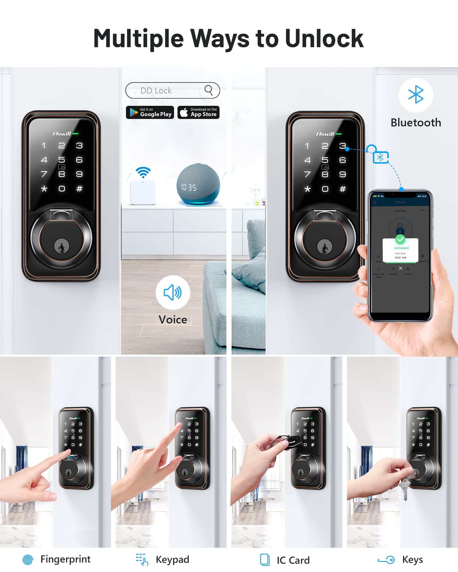Zowill DK07G WiFi Smart Lock - 7-in-1 Fingerprint Door Lock with APP & Voice Control, Touchscreen Keyless Entry for Front Door, Works with Alexa, Ekey Sharing & Auto Lock | Smart Home Security for Apartments, Houses & Vacation Rentals