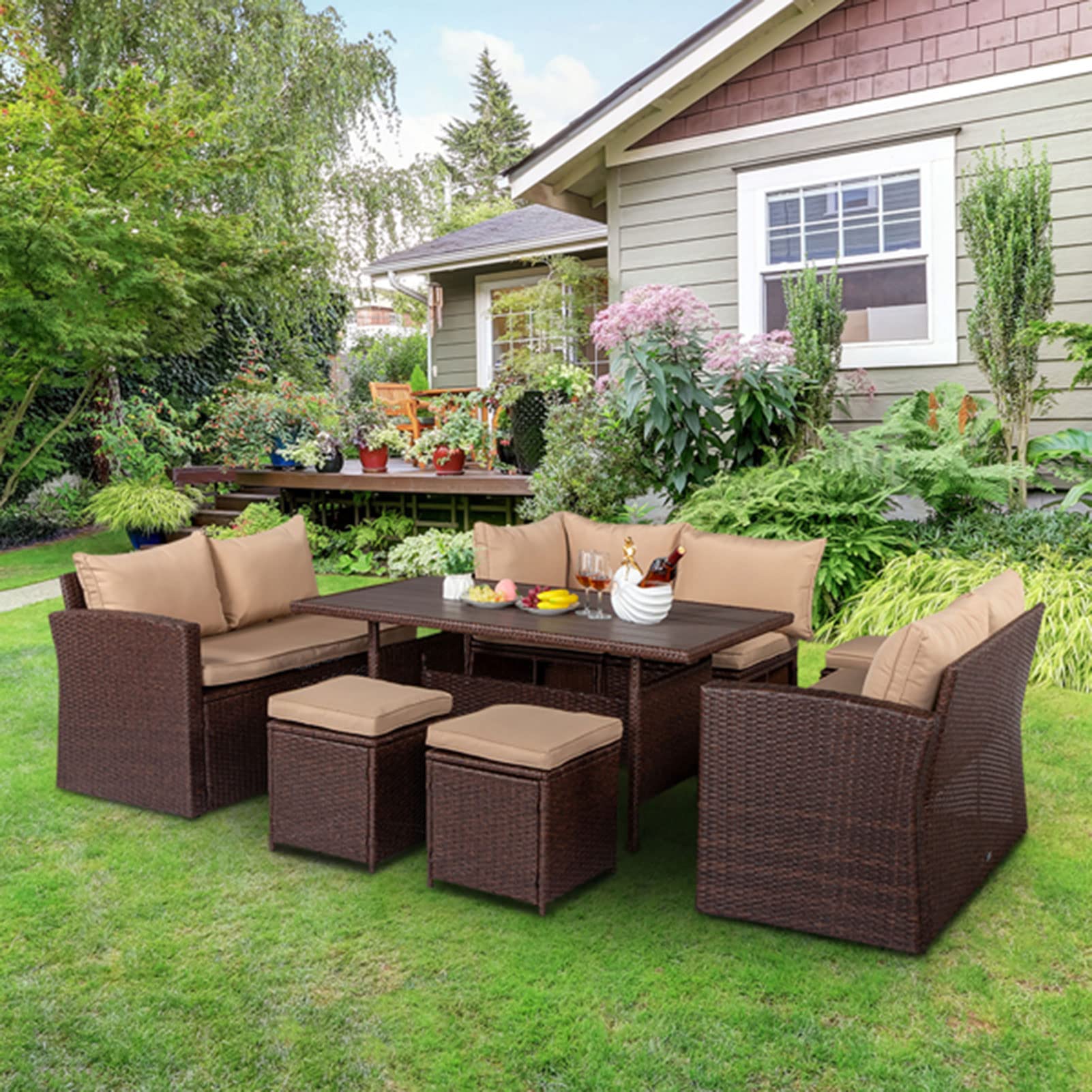 7-Piece Outdoor Patio Furniture Set - PE Wicker Rattan Sectional Sofa with Coffee Table, Chairs & Khaki Cushions - Perfect for Garden, Poolside & Backyard Relaxation