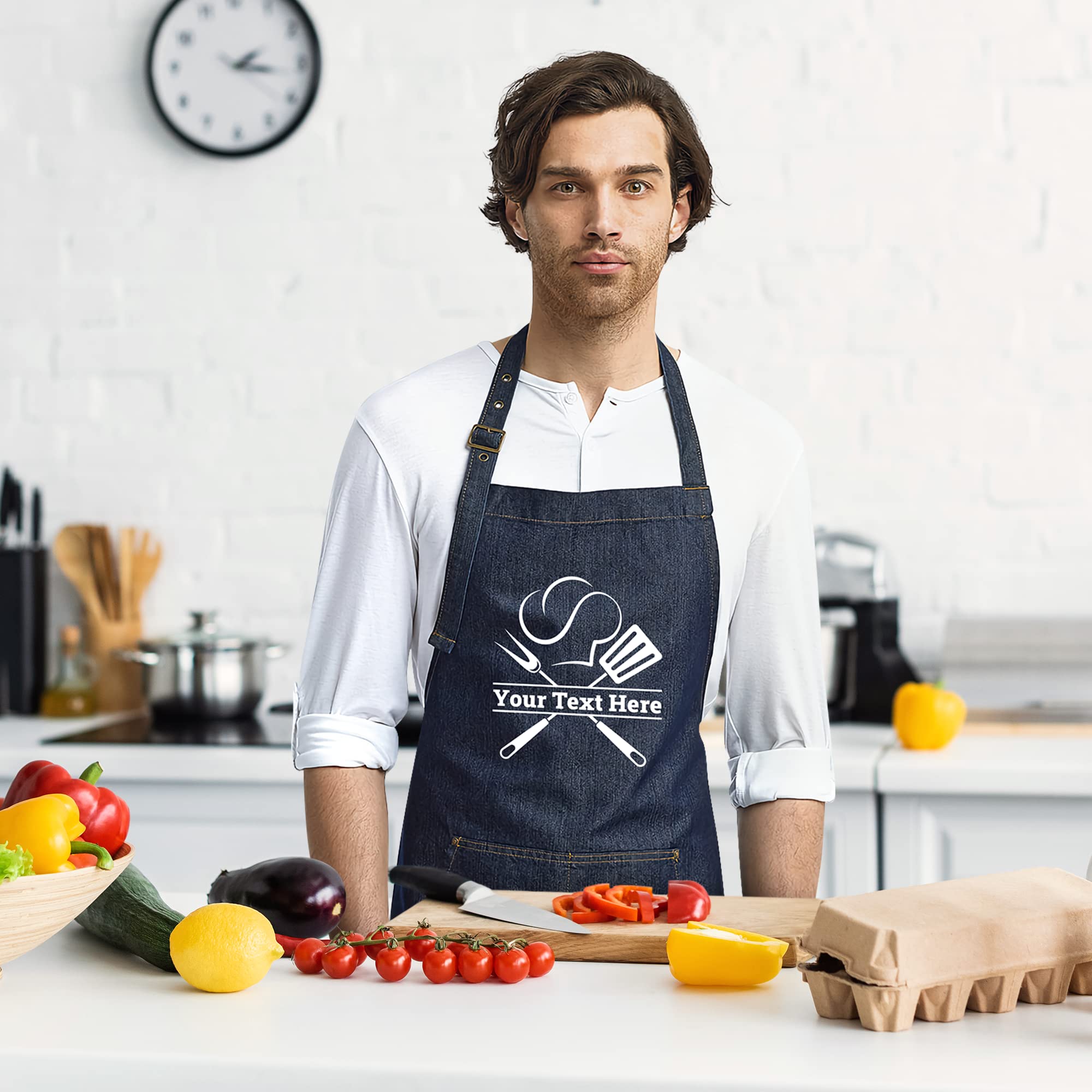 Custom Denim Chef Apron with Pockets - Personalized Cooking Apron for Men & Women - Great Gift for Chefs & Home Cooks - Perfect for BBQ, Baking & Kitchen Use