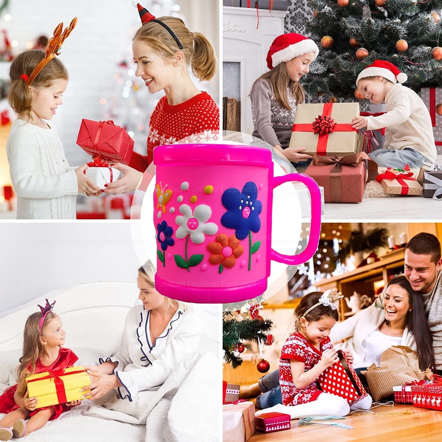 FunBlast Kids Milk Mug with Cartoon Flower Design - 350ML BPA-Free Plastic Drinking Cup for Girls & Boys - Perfect Birthday Gift, Party Favors & Daily Use at Home or School (Pink)