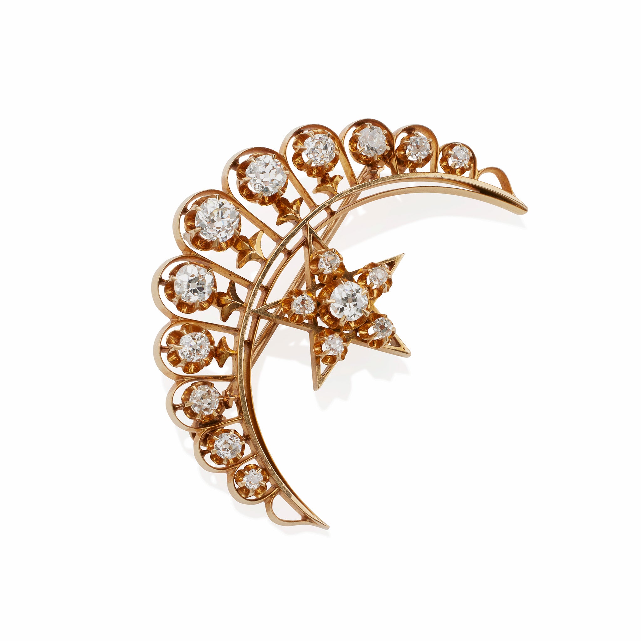 Vintage Old Mine Cut Diamond Star and Crescent Moon Brooch - Antique Jewelry for Women, Bridal Accessories, Evening Wear & Special Occasions