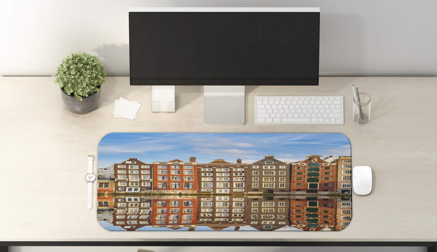 Lunarable Scenic Computer Mouse Pad - Traditional Dutch Canal Houses Amsterdam Heritage Reflection Design, Non-Slip Rubber Base, Extra Large 31x12 Inches Gaming Mousepad in Orange, Brown & Blue - Perfect for Office, Gaming & Home Workspace
