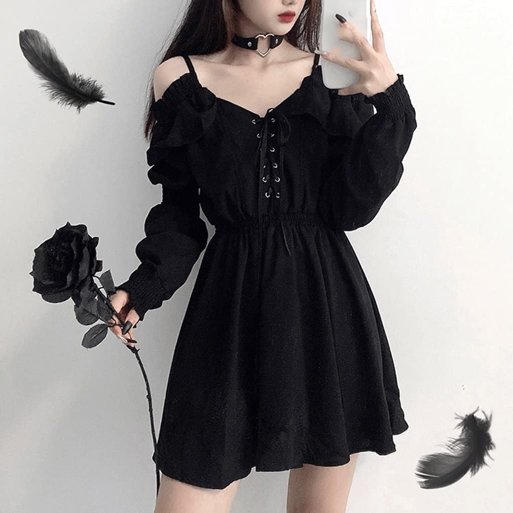 WALNUTA Plus Size Women's Lace Up Black Dress - Sexy Off Shoulder Long Sleeve High Waist Femme Dress for Autumn | Perfect for Date Night, Party & Special Occasions