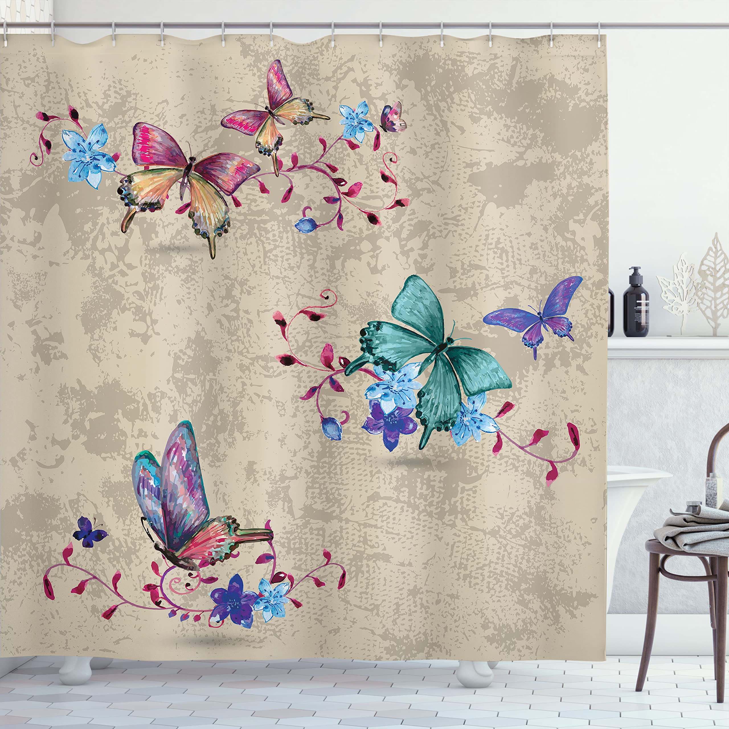 Ambesonne Butterfly Shower Curtain - Vintage Style Moth & Wing Transformation Design, 69x70 Inch Ecru Violet Bathroom Decor with Hooks | Waterproof Fabric for Spring Home Decor, Perfect for Bathroom Makeover & Nature-Themed Interior Design