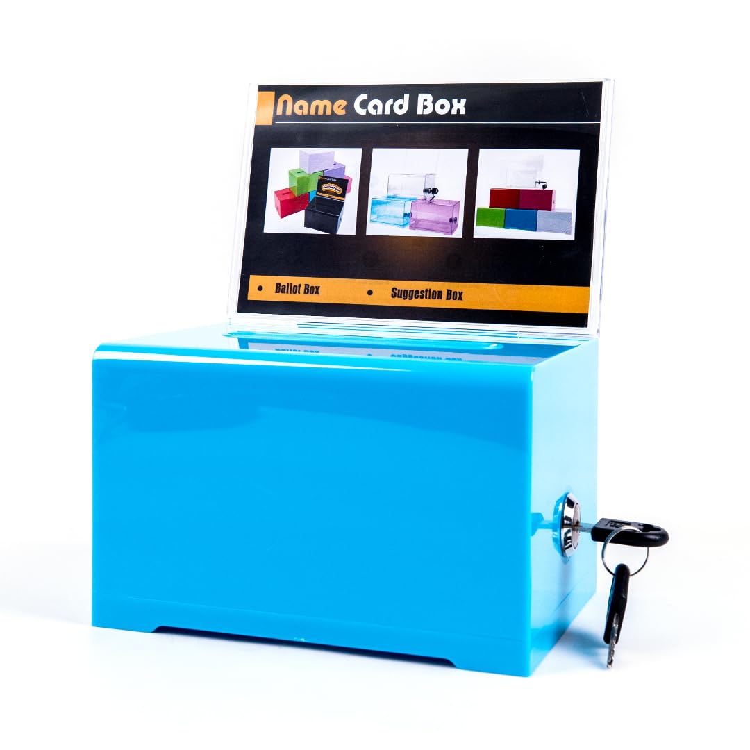 Acrylic Suggestion Box with Lock & Sign Holder - Secure Donation Box, Tip Jar, Ballot Box for Votes, Surveys, Raffles, Elections (6.2x4.7x4 Inch, Blue) - Perfect for Restaurants, Retail Stores & Community Events