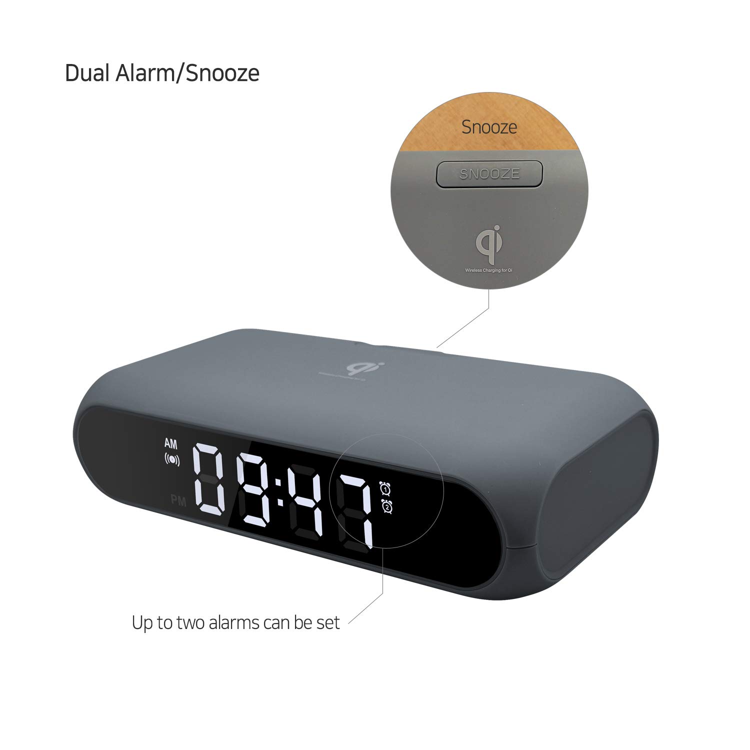Mooas Qi Wireless Charging Digital Alarm Clock with Mirror - Slim Desk Clock for Bedroom, Office, Nightstand | Fast 10W Charger for iPhone 15/14/13 Pro, Samsung Galaxy S24/S23/S22, AirPods | USB Port & LED Display (Charcoal Gray) - Perfect for Home, Office, Travel and Gift Giving